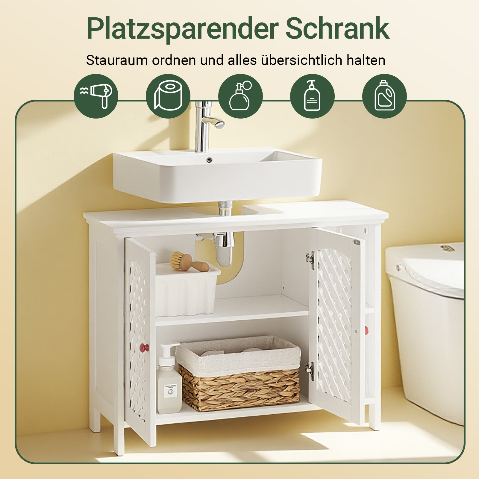 SoBuy | Waschbeckenunterschrank | Badezimmerschrank | mit 2 Türen & Offenem Regal | Weiß | BZR210-W