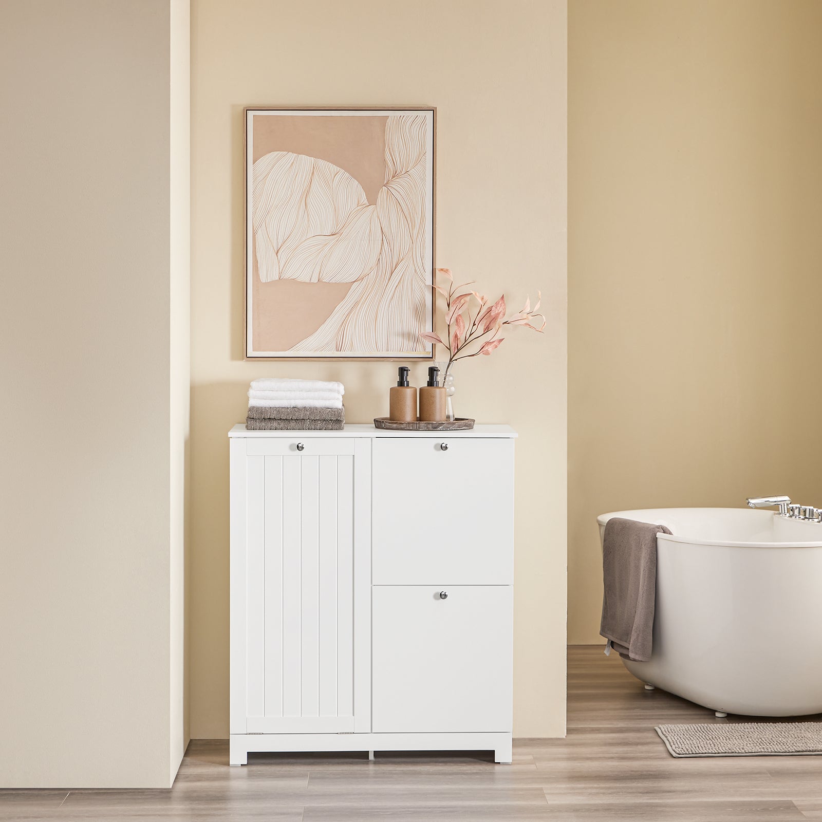 SoBuy | Mobile bagno | con 1 grande cesto portabiancheria | 2 piccoli cesti in tessuto rimovibili | Cesto portabiancheria bianco | BZR213-W