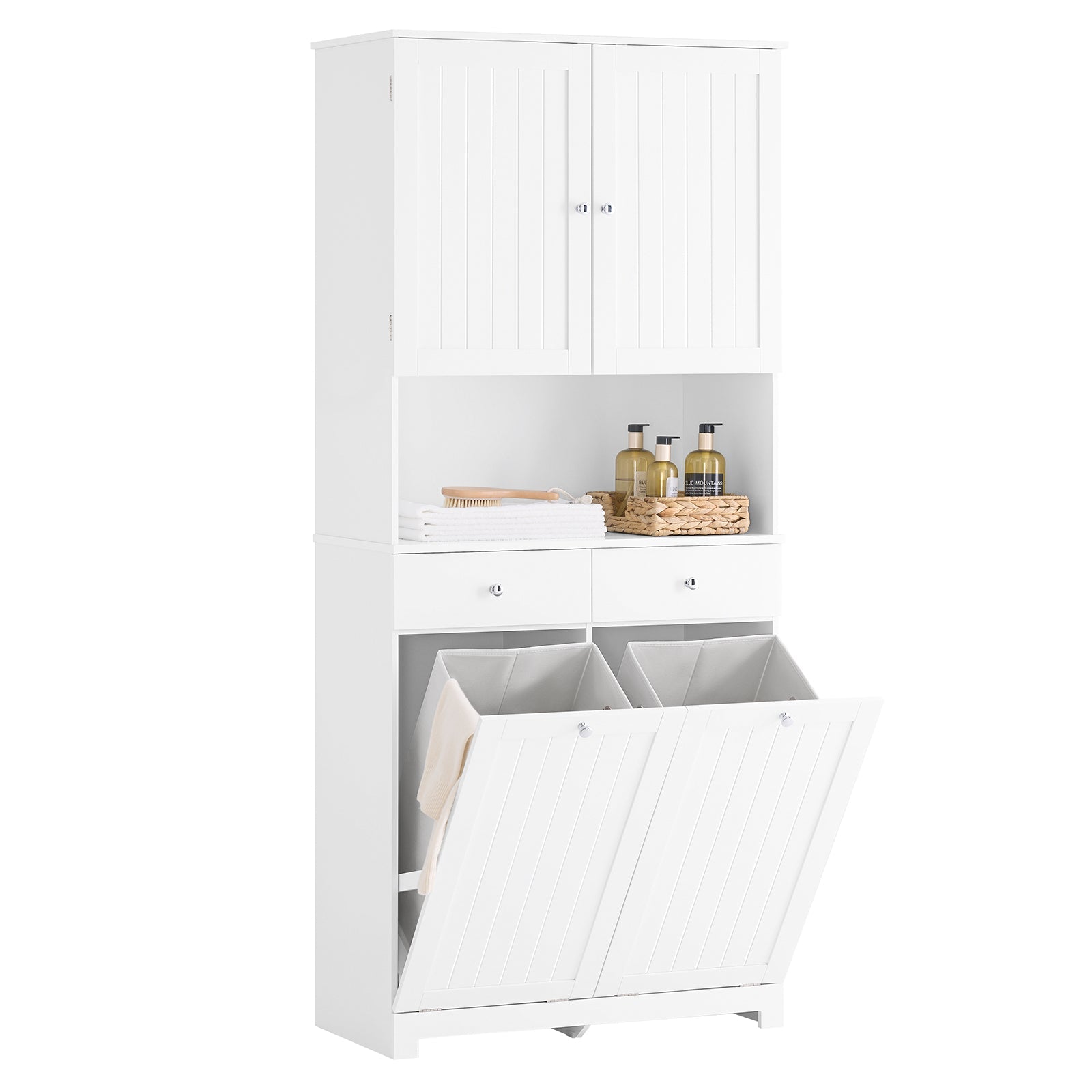 SoBuy | Meuble haut étroit | avec 2 paniers à linge | 2 tiroirs | Blanc | BZR215-W