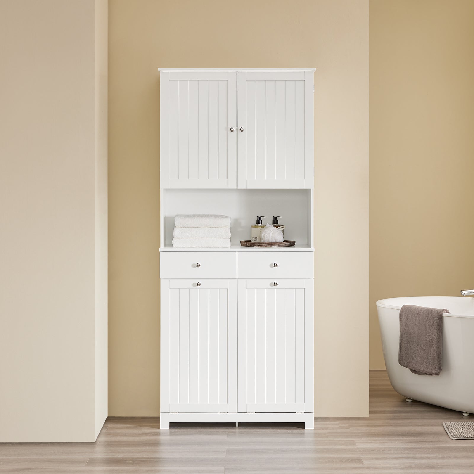 SoBuy | Meuble haut étroit | avec 2 paniers à linge | 2 tiroirs | Blanc | BZR215-W
