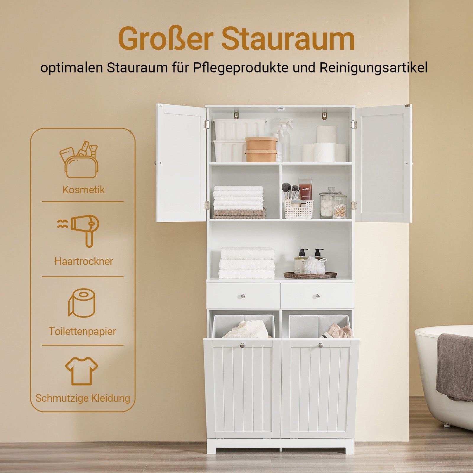 SoBuy | Meuble haut étroit | avec 2 paniers à linge | 2 tiroirs | Blanc | BZR215-W
