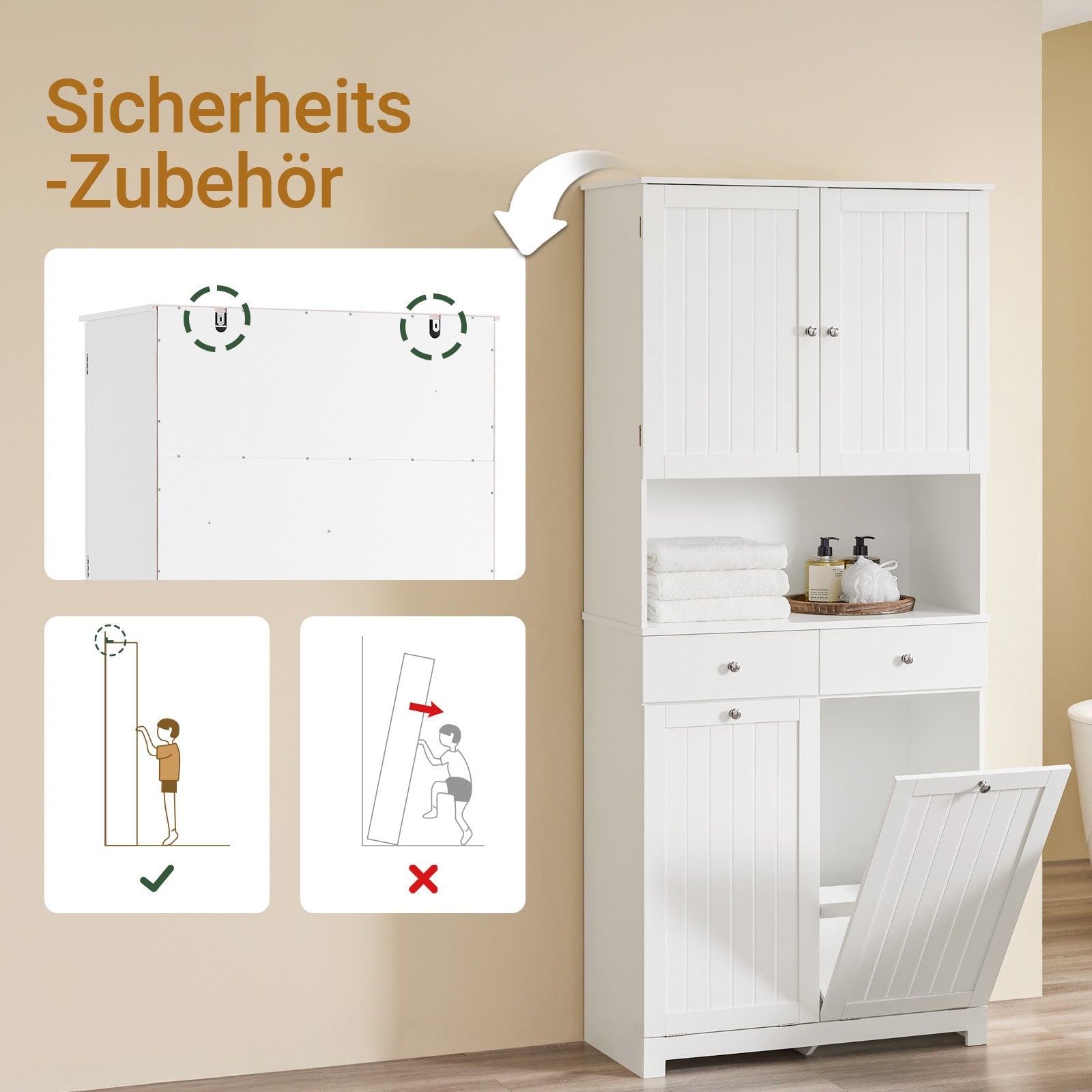 SoBuy | Armadietto alto stretto | con 2 cesti portabiancheria | 2 cassetti | Bianco | BZR215-W