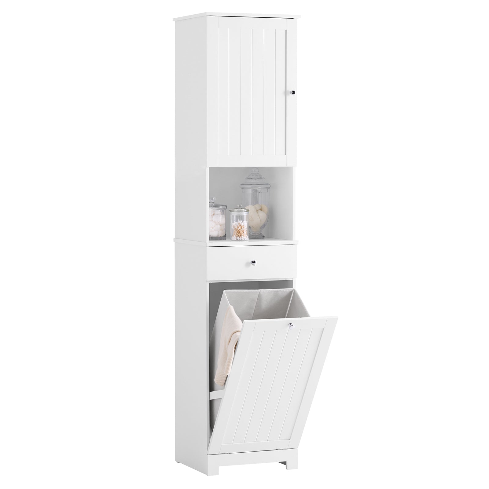 SoBuy | Meuble de salle de bain | avec 1 panier à linge | tiroir | étagère ouverte et étagère réglable | BZR216-W