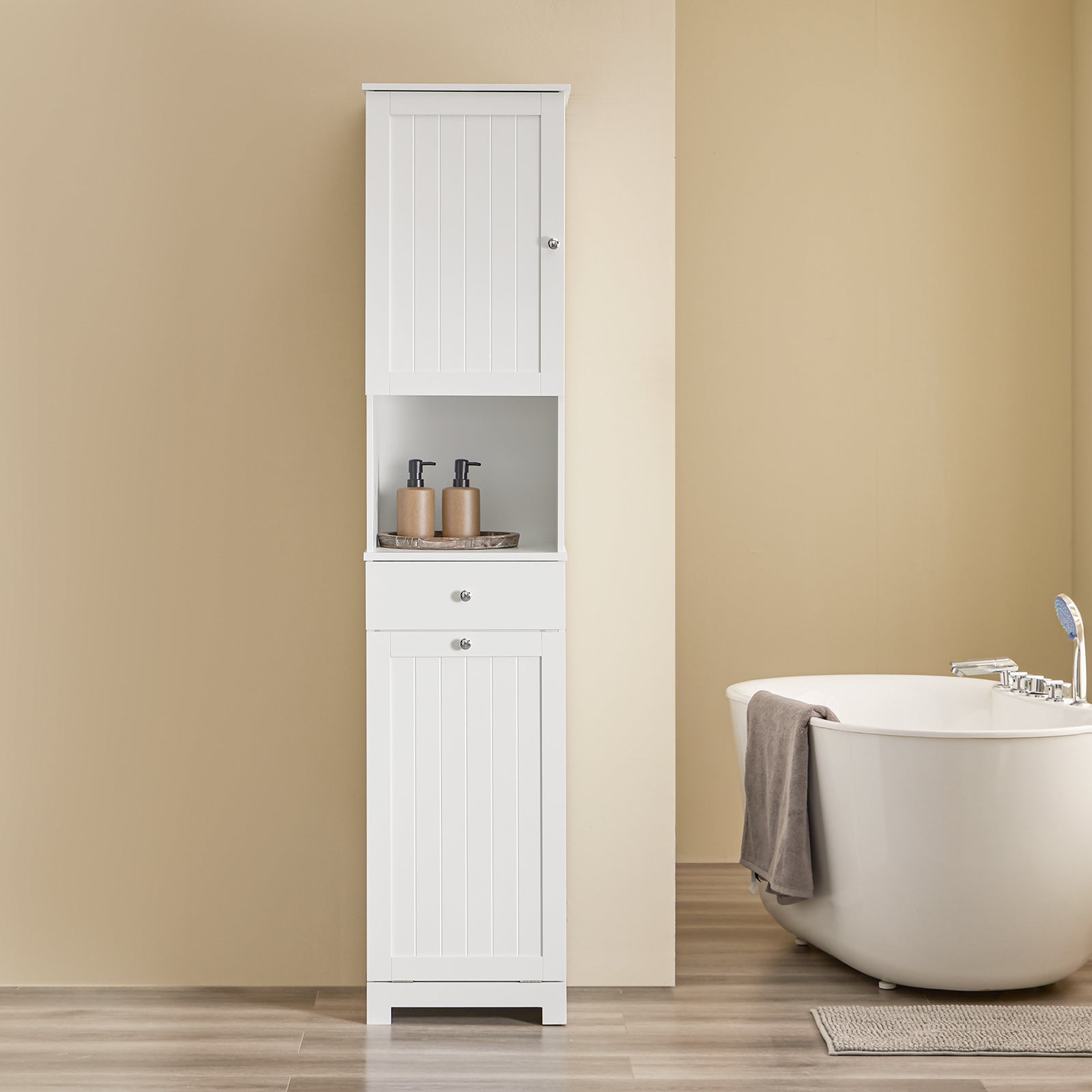 SoBuy | Meuble de salle de bain | avec 1 panier à linge | tiroir | étagère ouverte et étagère réglable | BZR216-W