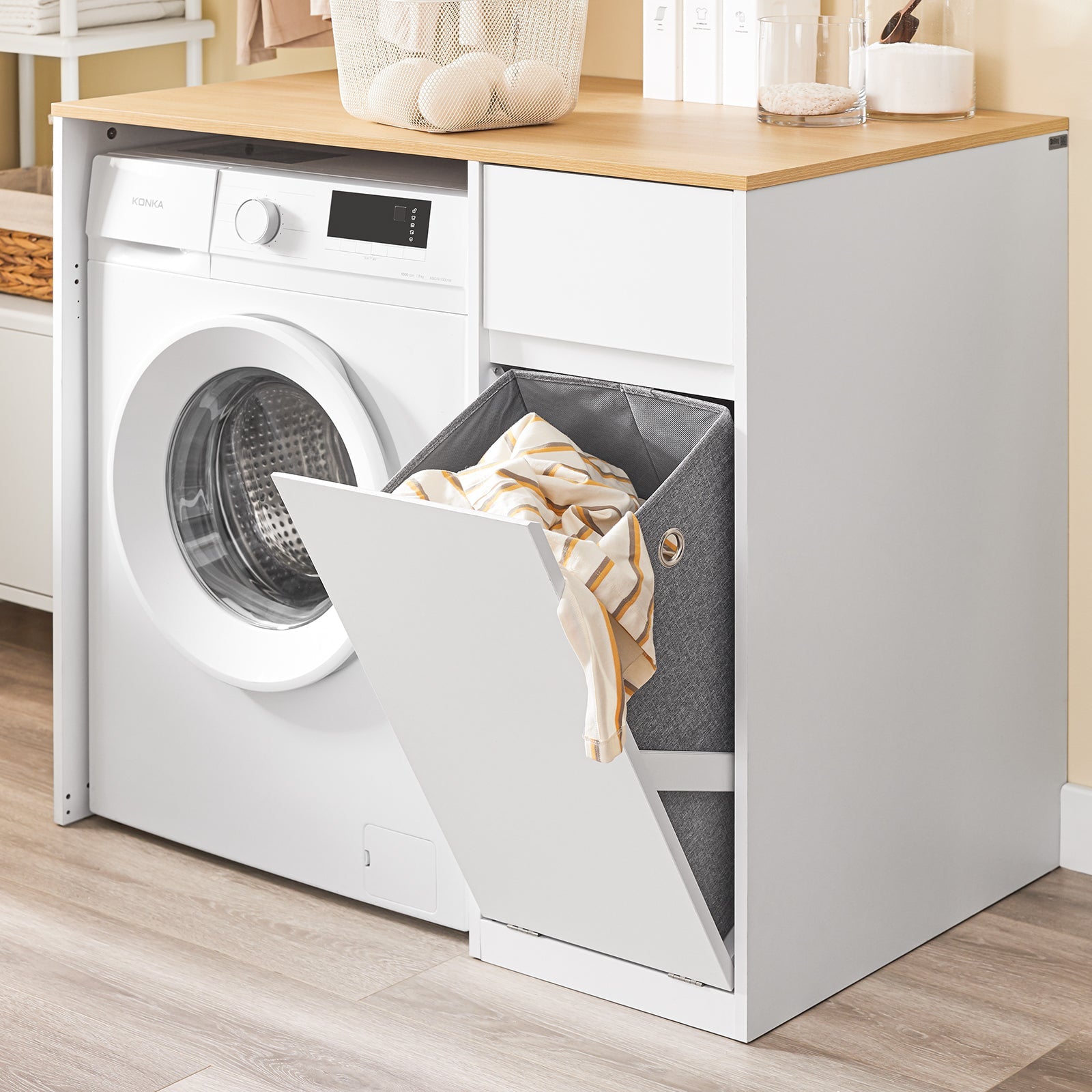 SoBuy | Meuble de machine à laver | avec panier à linge et tiroir | Blanc BZR217-WN