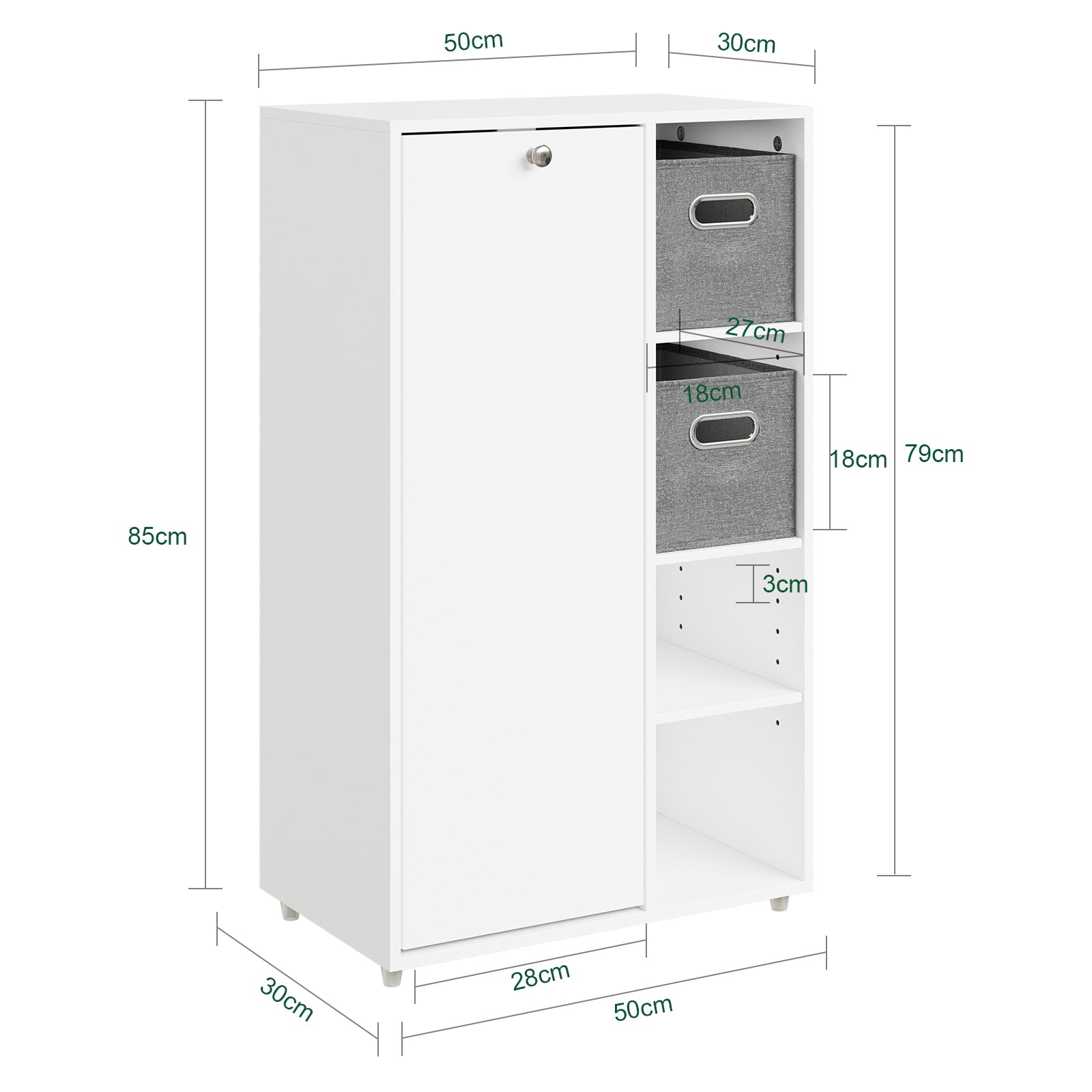 SoBuy Badezimmerschrank mit Wäschekorb schmal Weiß 50 cm 2 Stoffschubladen BZR218-W