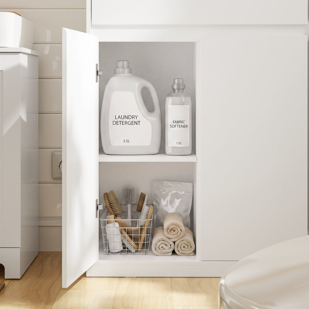 SoBuy | Badezimmerschrank schmal mit Wäschekorb Weiß | BZR241-E-W