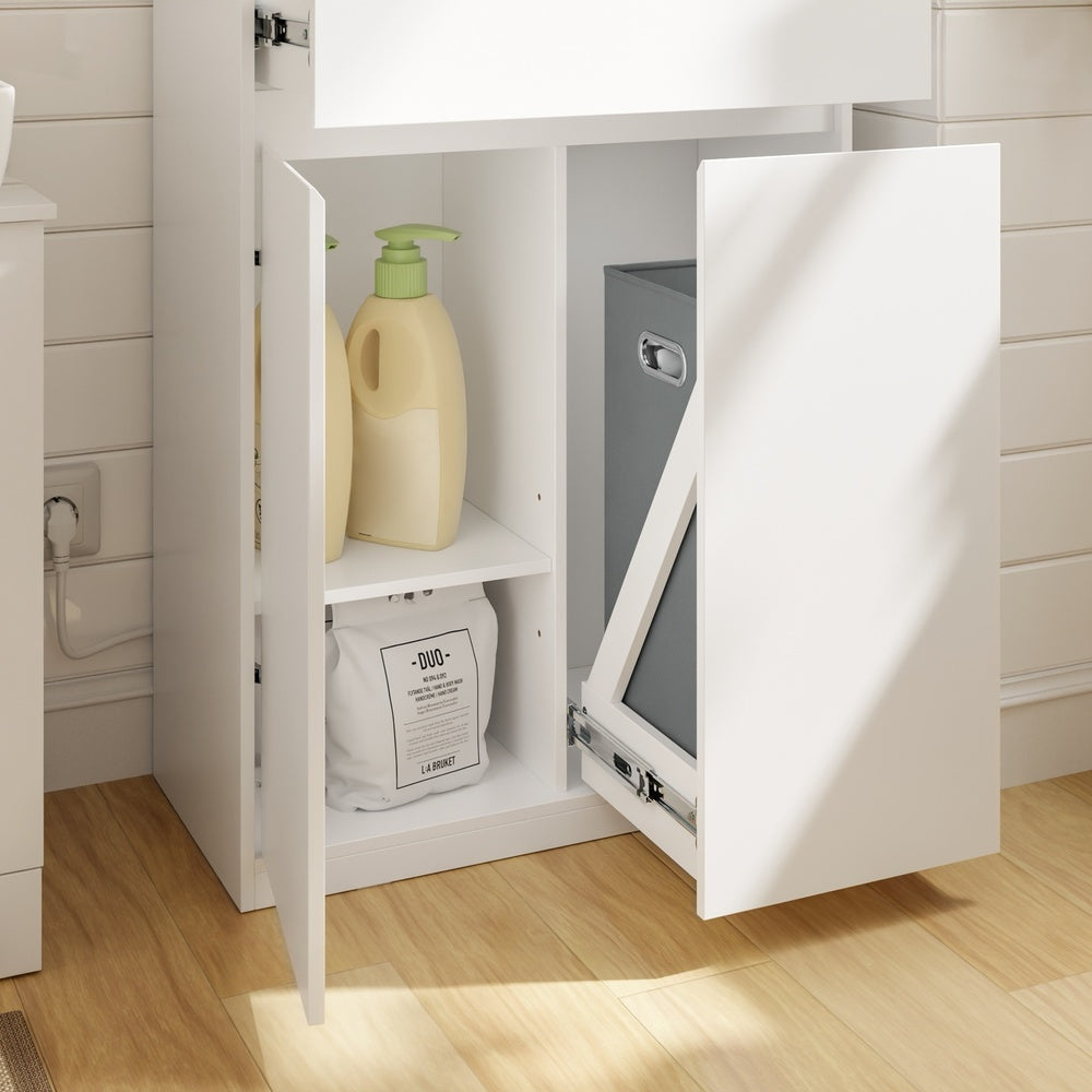 SoBuy | Badezimmerschrank schmal mit Wäschekorb Weiß | BZR241-E-W