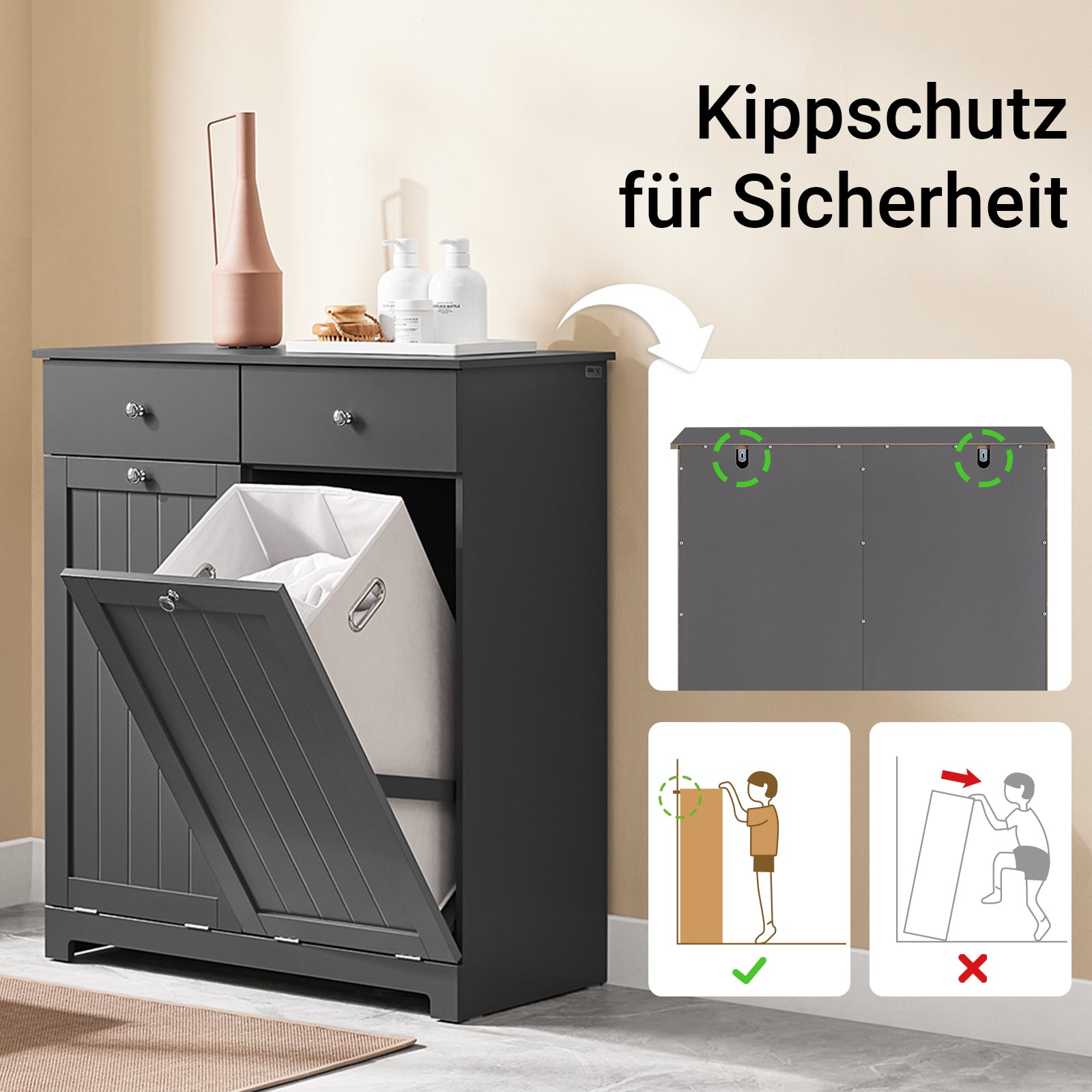 SoBuy | Mobile bagno con 2 sacchi per la biancheria | Cesto per la biancheria sporca | Cesto portabiancheria grigio scuro | 78x90x38cm | BZR33-II-DG