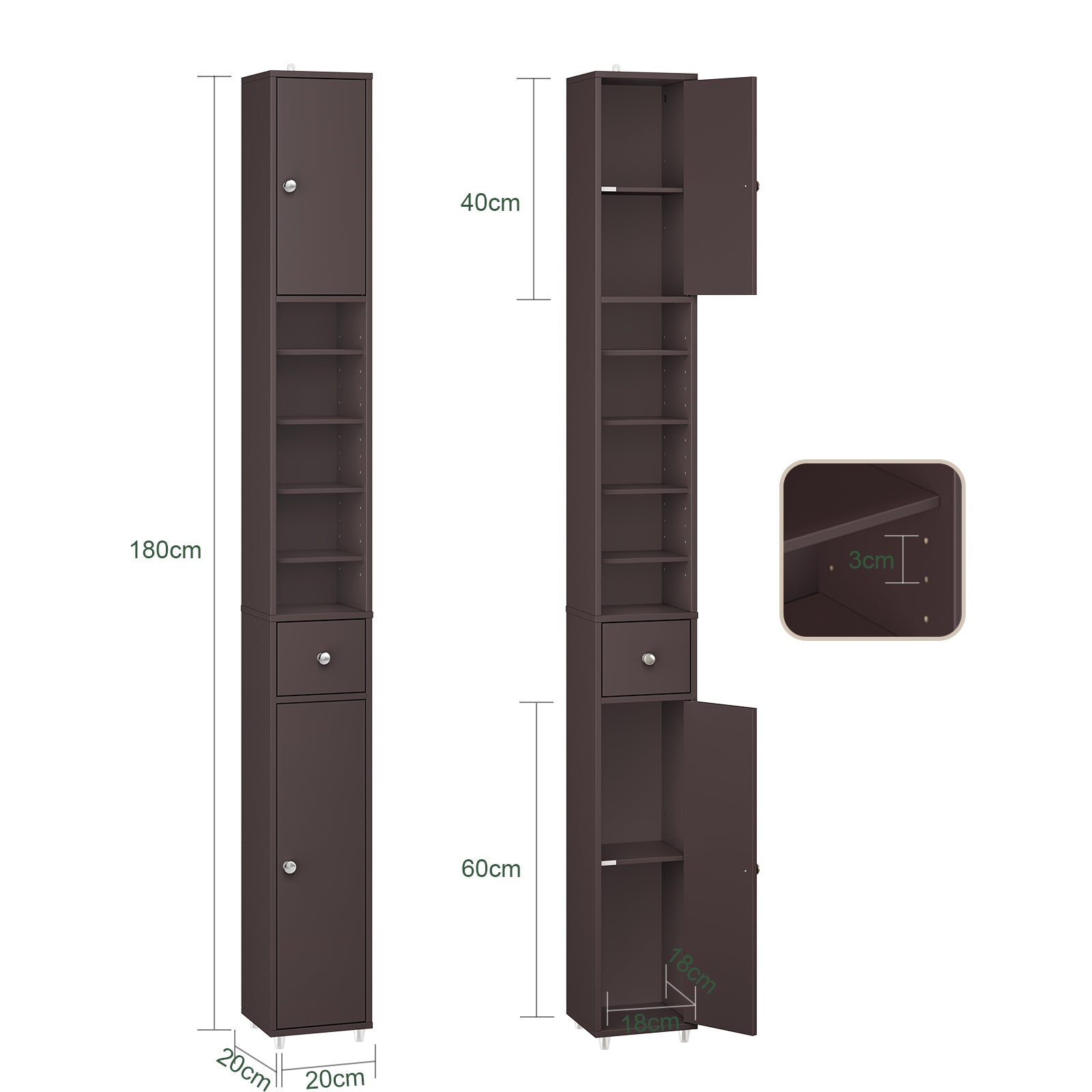 SoBuy | Mobiletto bagno stretto | con ripiani regolabili | Marrone | BZR34-II-BR