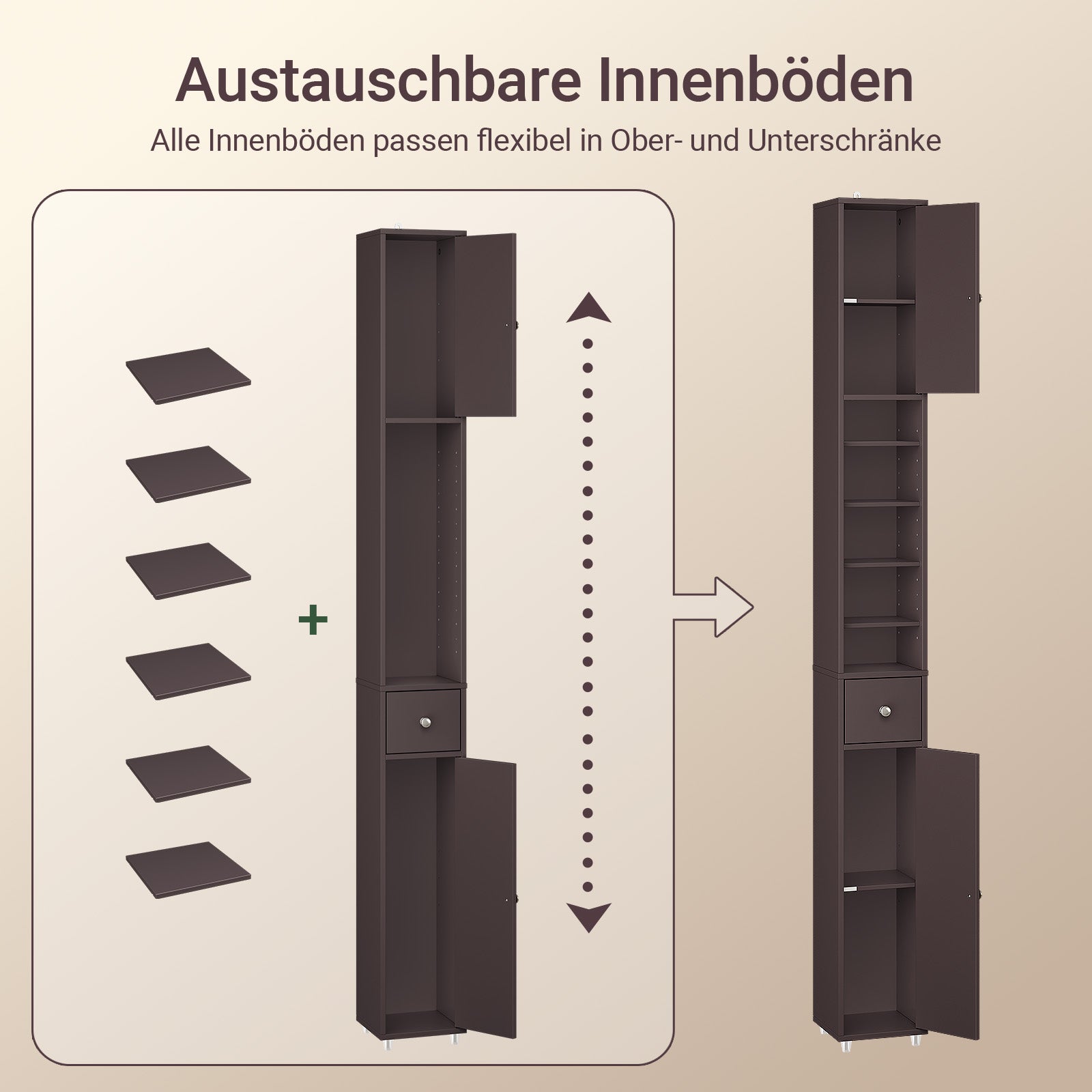 SoBuy | Badzimmerschrank Schmal | mit Verstellbare Ablagen | Braun | BZR34-II-BR