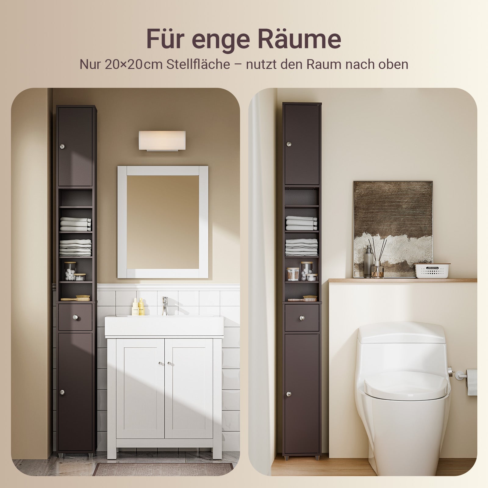 SoBuy | Mobiletto bagno stretto | con ripiani regolabili | Marrone | BZR34-II-BR