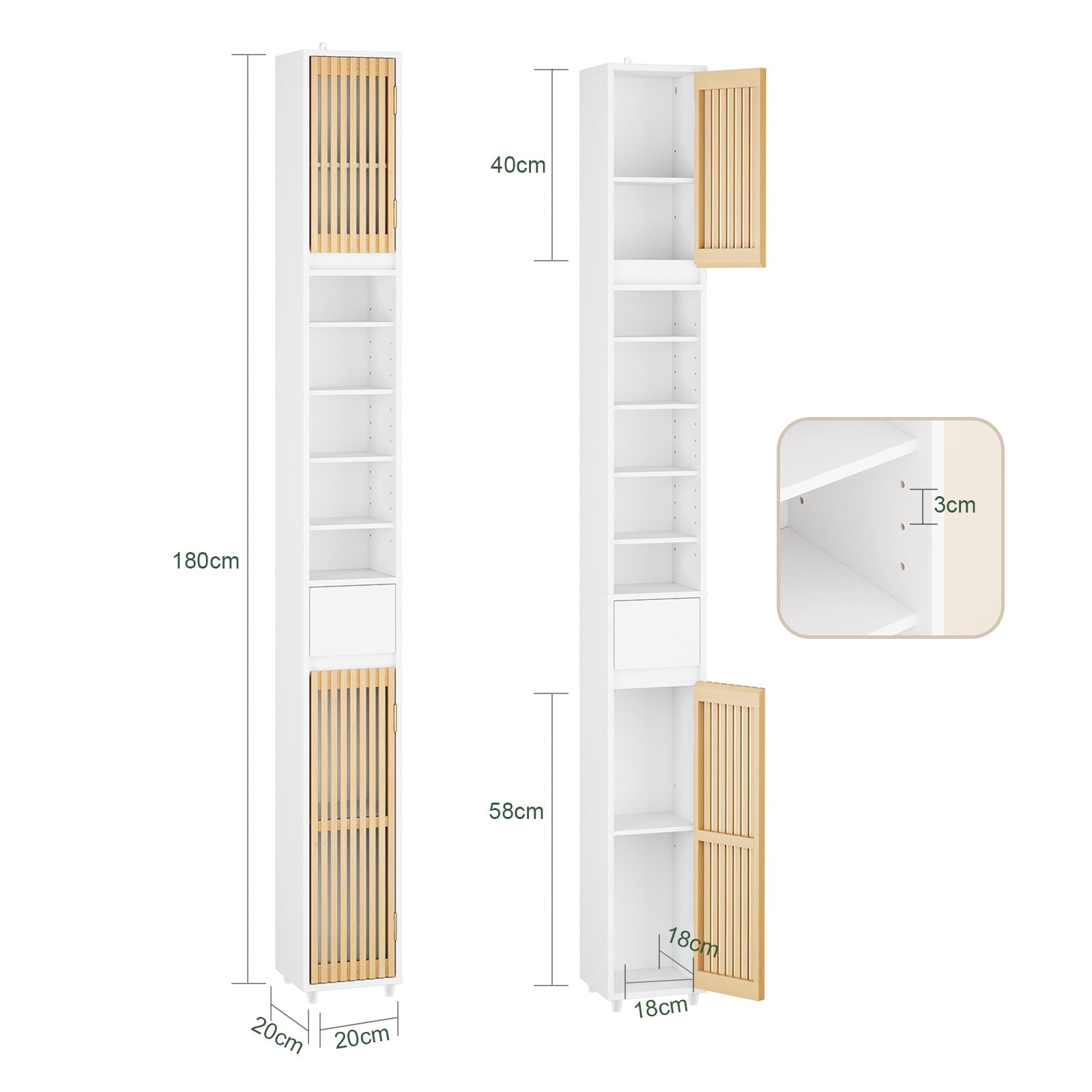SoBuy Armoire Haute de Salle de Bain avec Étagères Réglables | Étroite Blanc 20x180x20cm BZR34-BW