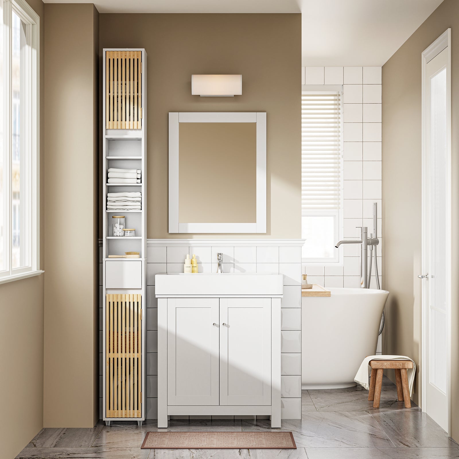 SoBuy Armoire Haute de Salle de Bain avec Étagères Réglables | Étroite Blanc 20x180x20cm BZR34-BW