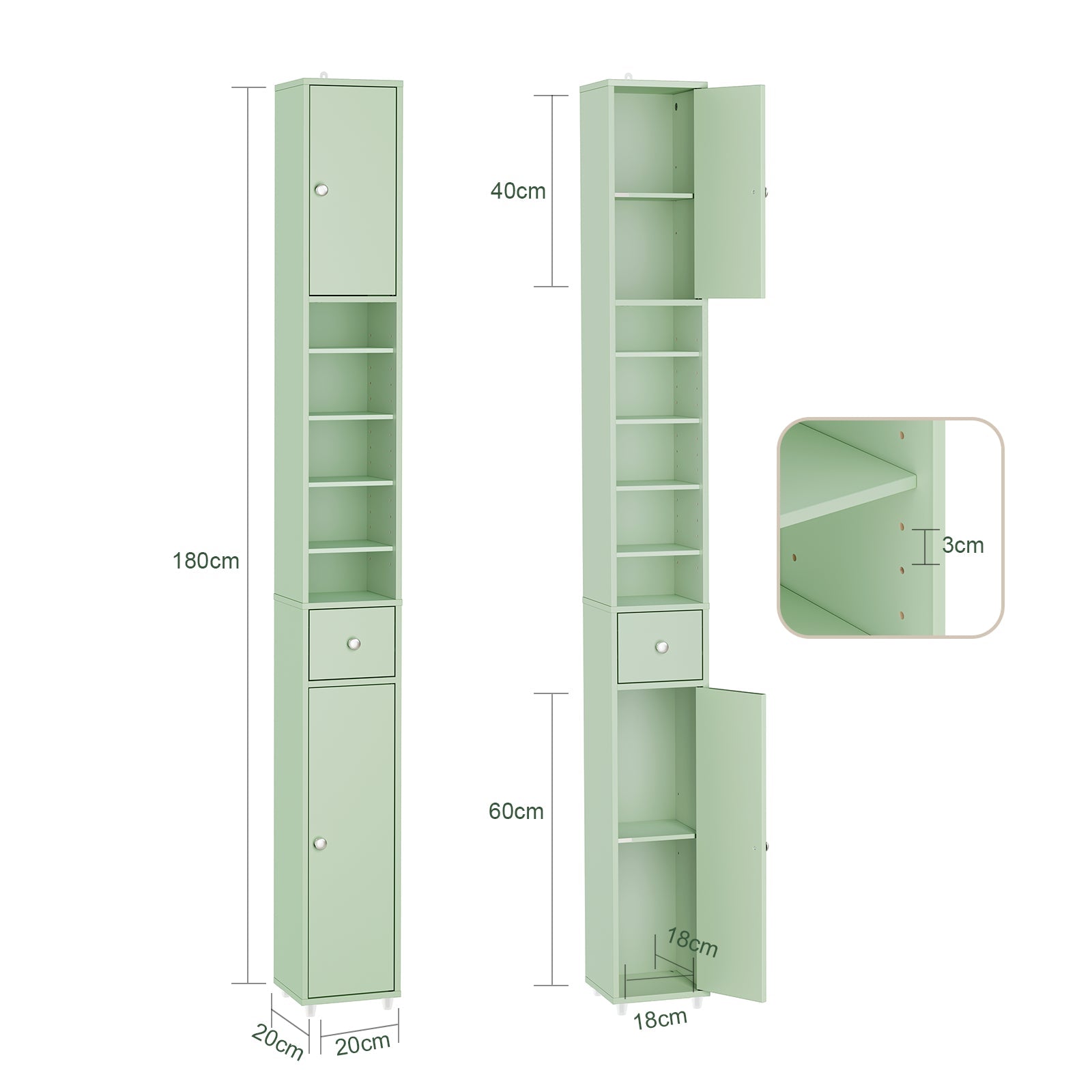 SoBuy | Mobile Alto da Bagno Salvaspazio | con Ripiani Regolabili | Verde Chiaro | 20x180x20cm BZR34-II-GR