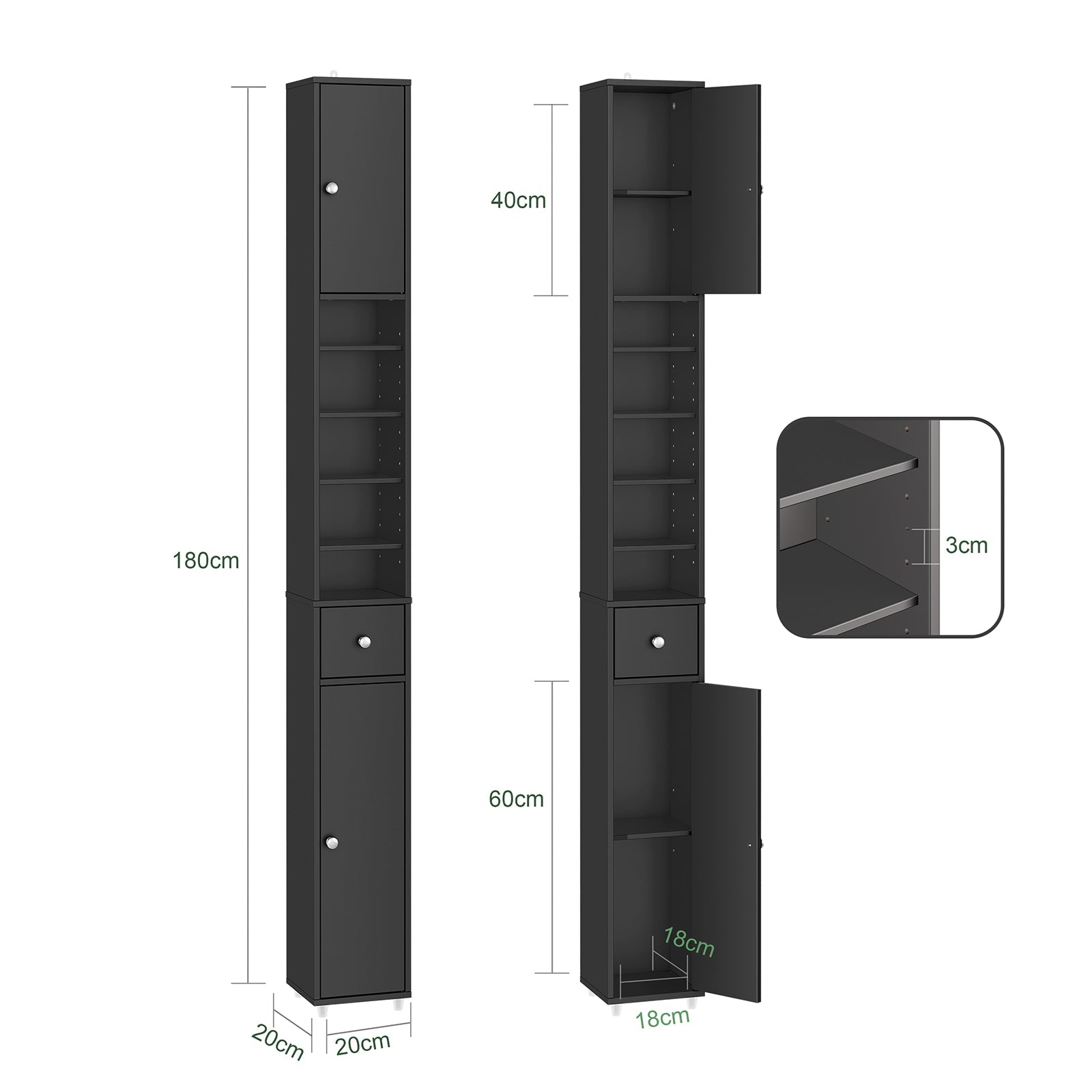 SoBuy | Armadietto alto da bagno | con ripiani regolabili sottile | Nero | 20x180x20cm | BZR34-II-SCH