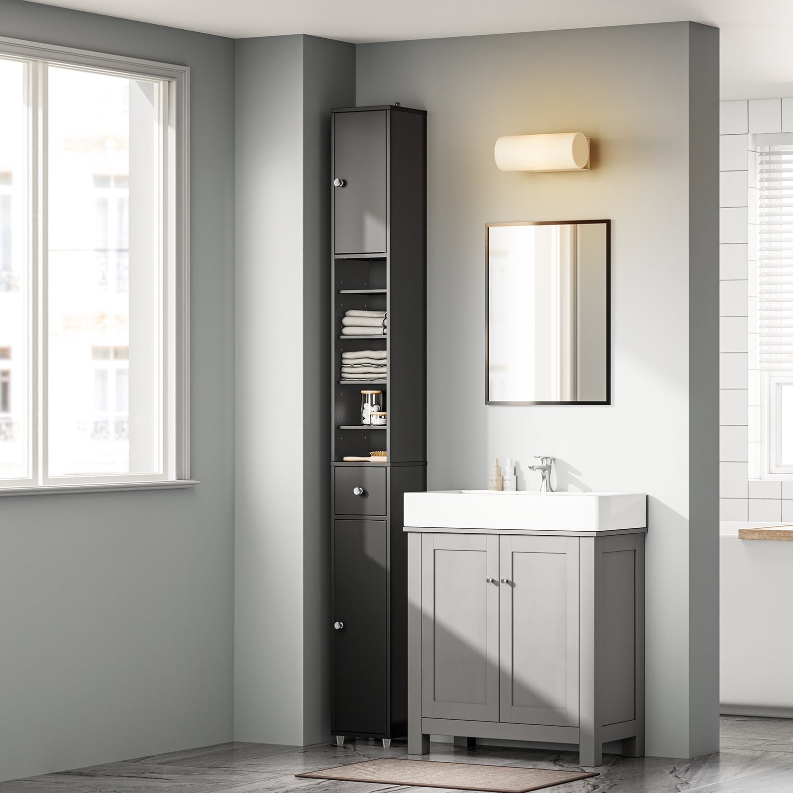 SoBuy | Armadietto alto da bagno | con ripiani regolabili sottile | Nero | 20x180x20cm | BZR34-II-SCH
