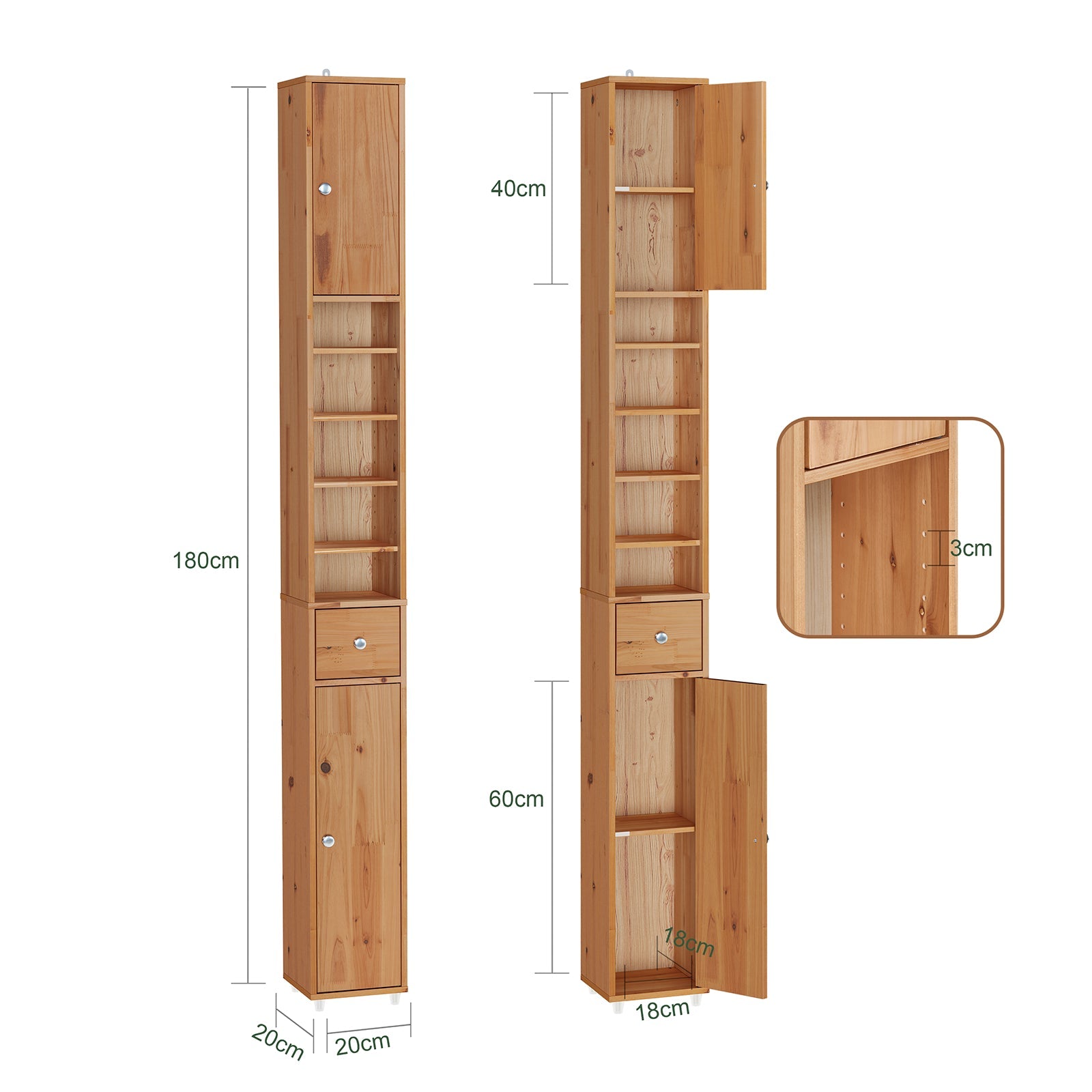 SoBuy | Mobile Alto da Bagno | con Ripiani Regolabili Stretti in Legno di Cedro | 20x180x20cm | BZR34-II-SH