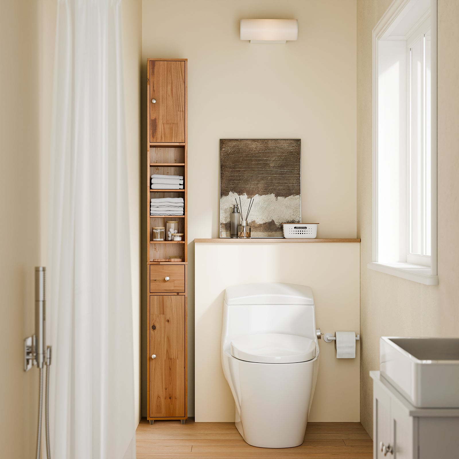 SoBuy | Armoire de salle de bain haute | avec étagères réglables, étroite, bois de cèdre | 20 x 180 x 20 cm | BZR34-II-SH