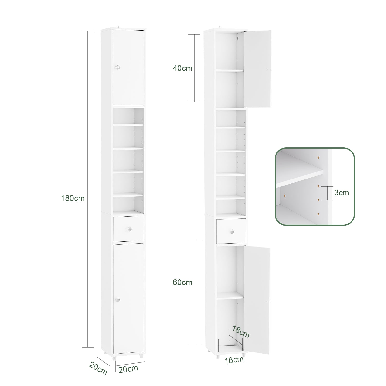SoBuy | Armoire de salle de bain haute | avec étagères réglables, étroite | Blanche | 20 x 180 x 20 cm | BZR34-II-W