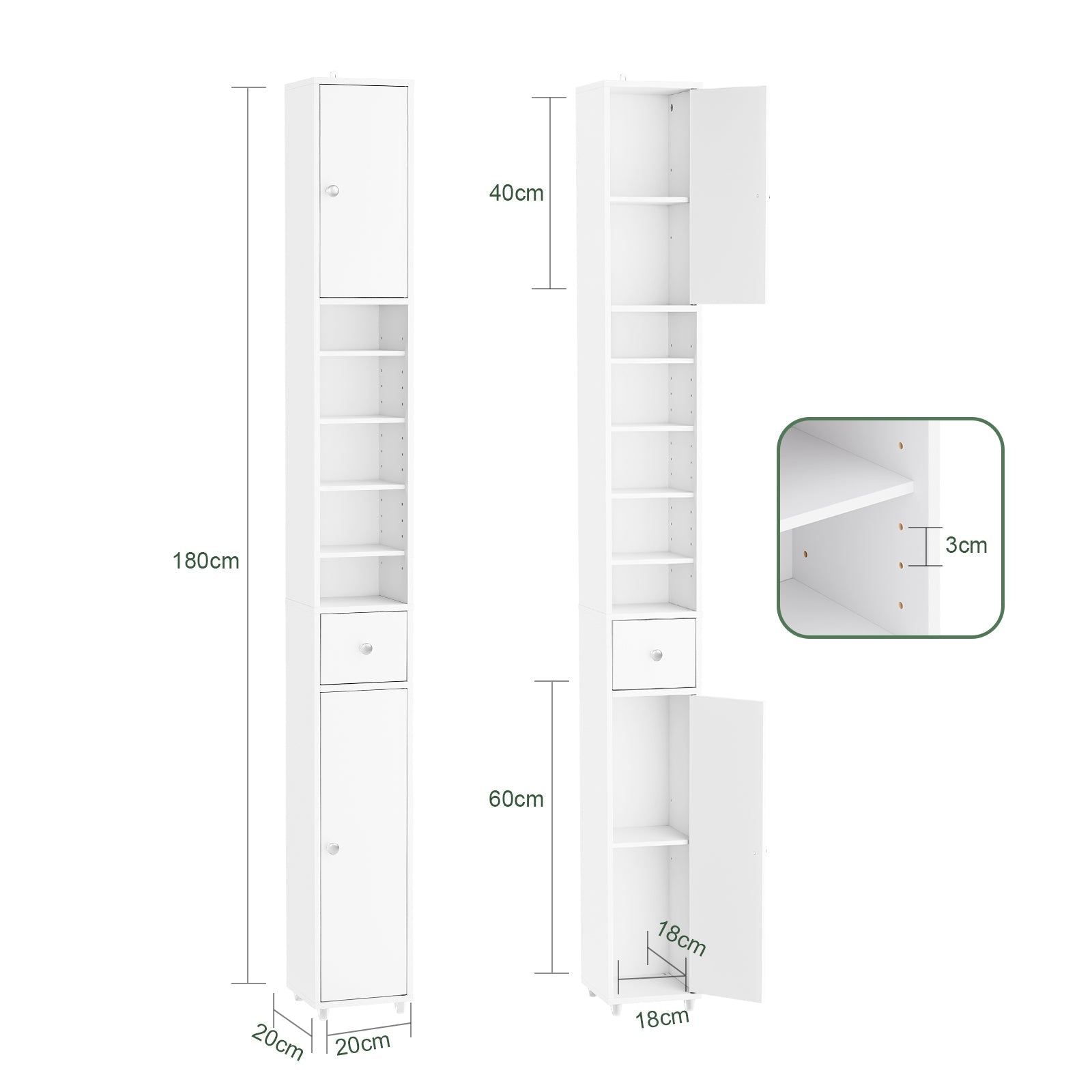 SoBuy | Badhochschrank | mit Verstellbare Ablagen schmal | Weiß | 20x180x20cm | BZR34-II-W
