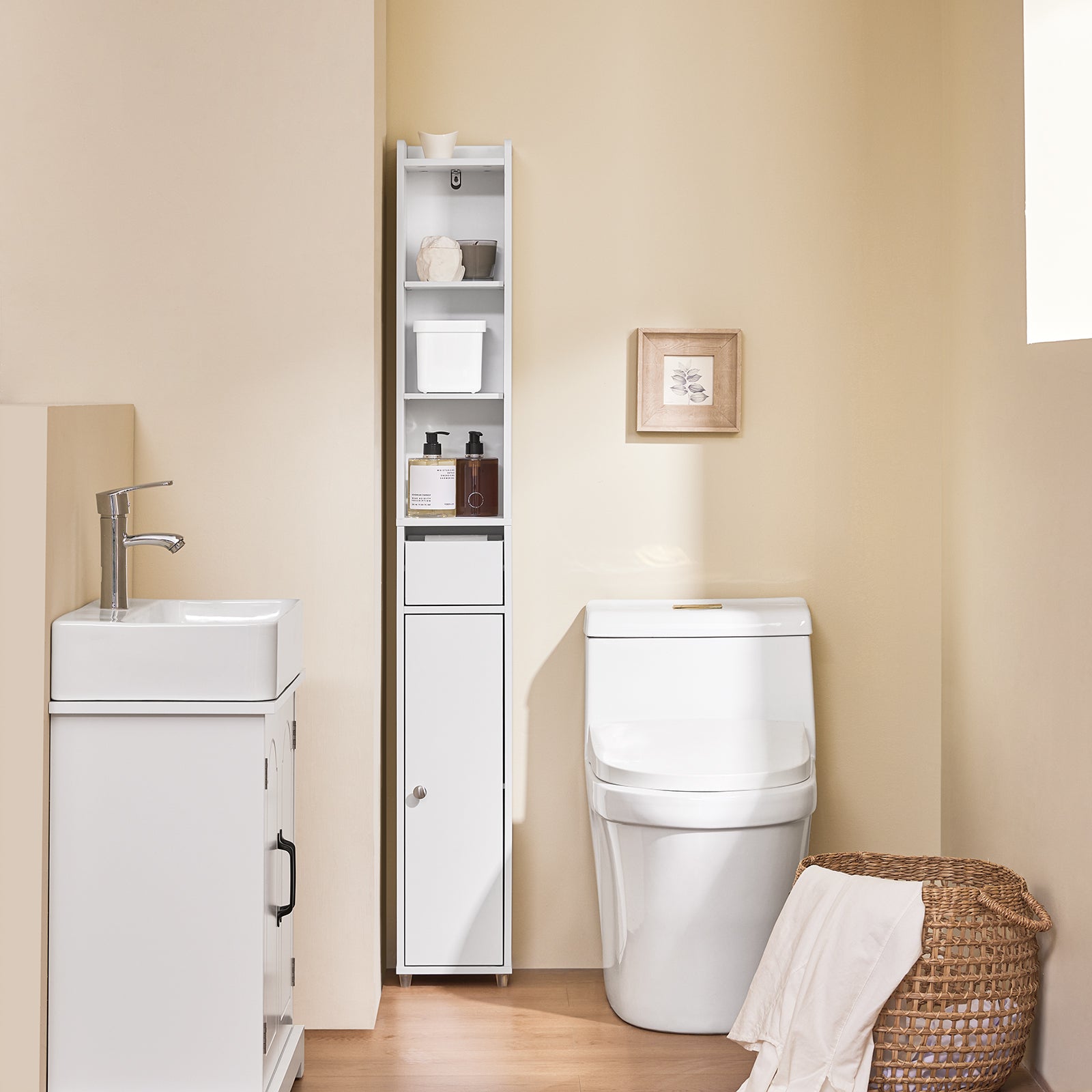 SoBuy | Colonna da Bagno con Ripiani Regolabili Stretta | Bianco | 20x145x20cm | BZR34-K-W