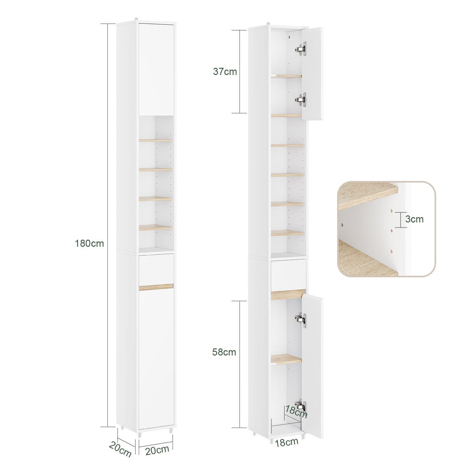 SoBuy | Colonna bagno salvaspazio | con ripiani regolabili | Bianco-Naturale | 20x180x20cm | BZR34-WN