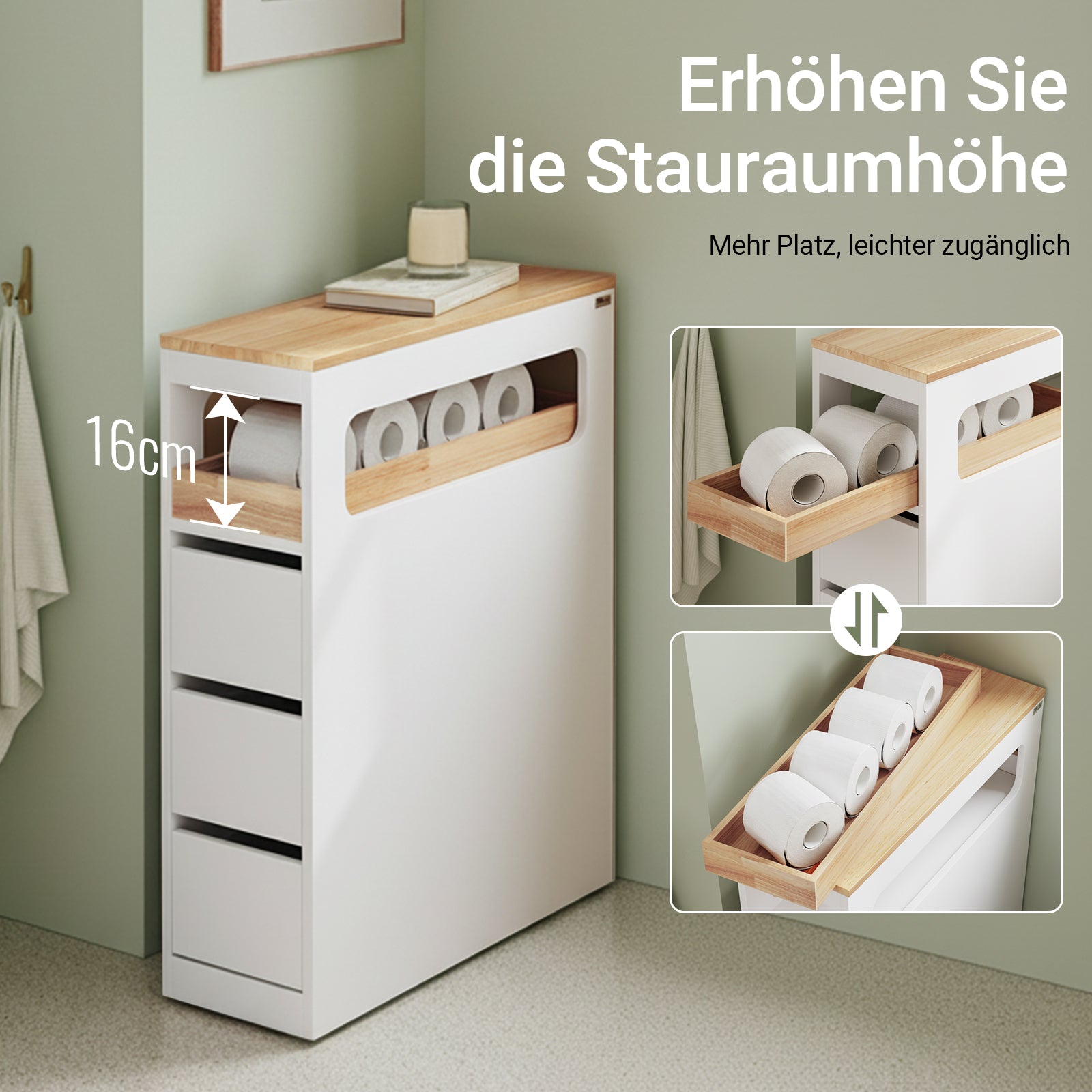 SoBuy Badezimmerschrank Schmal mit 3 Schubladen Weiß | BZR54-II-W