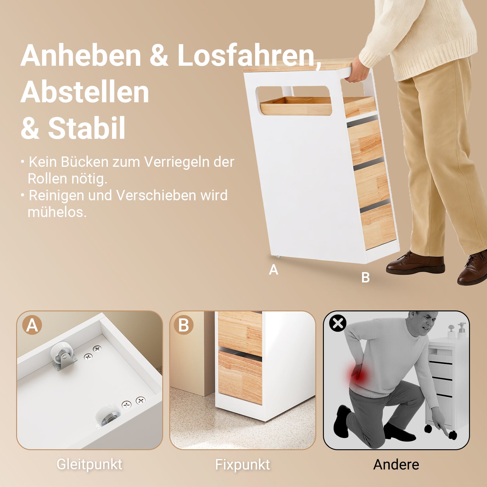 SoBuy | Étagère niche à 3 tiroirs | Étagère de cuisine | Chariot à roulettes | Naturel | BZR54-WN