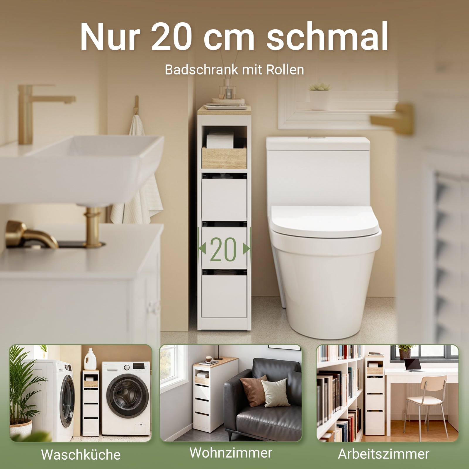 SoBuy | Meuble de Salle de Bain à Roulettes | Étroit | Naturel | BZR54-K-W