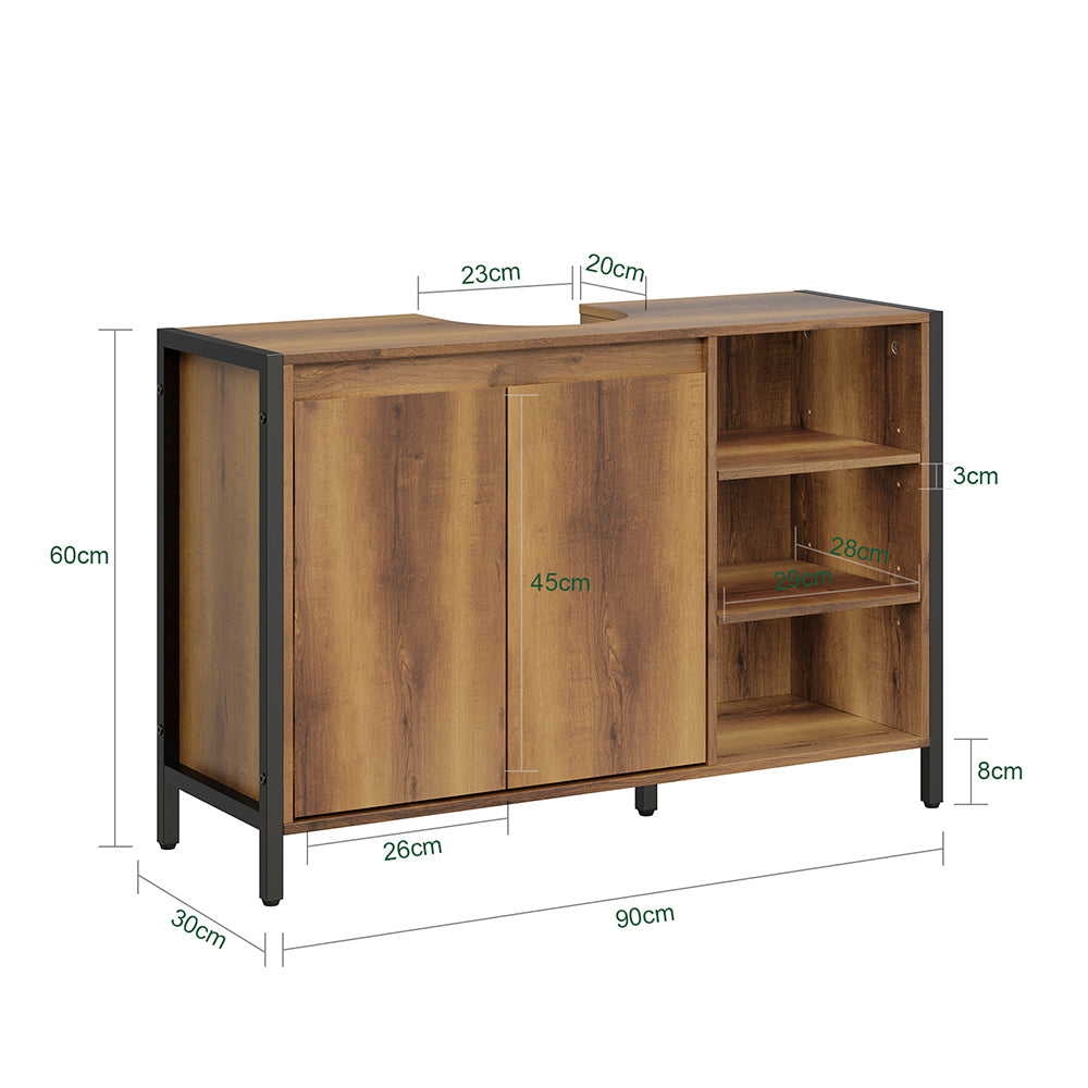SoBuy | Meuble sous-lavabo 90 cm de large avec découpe pour siphon | Style industriel BZR63-L-PF