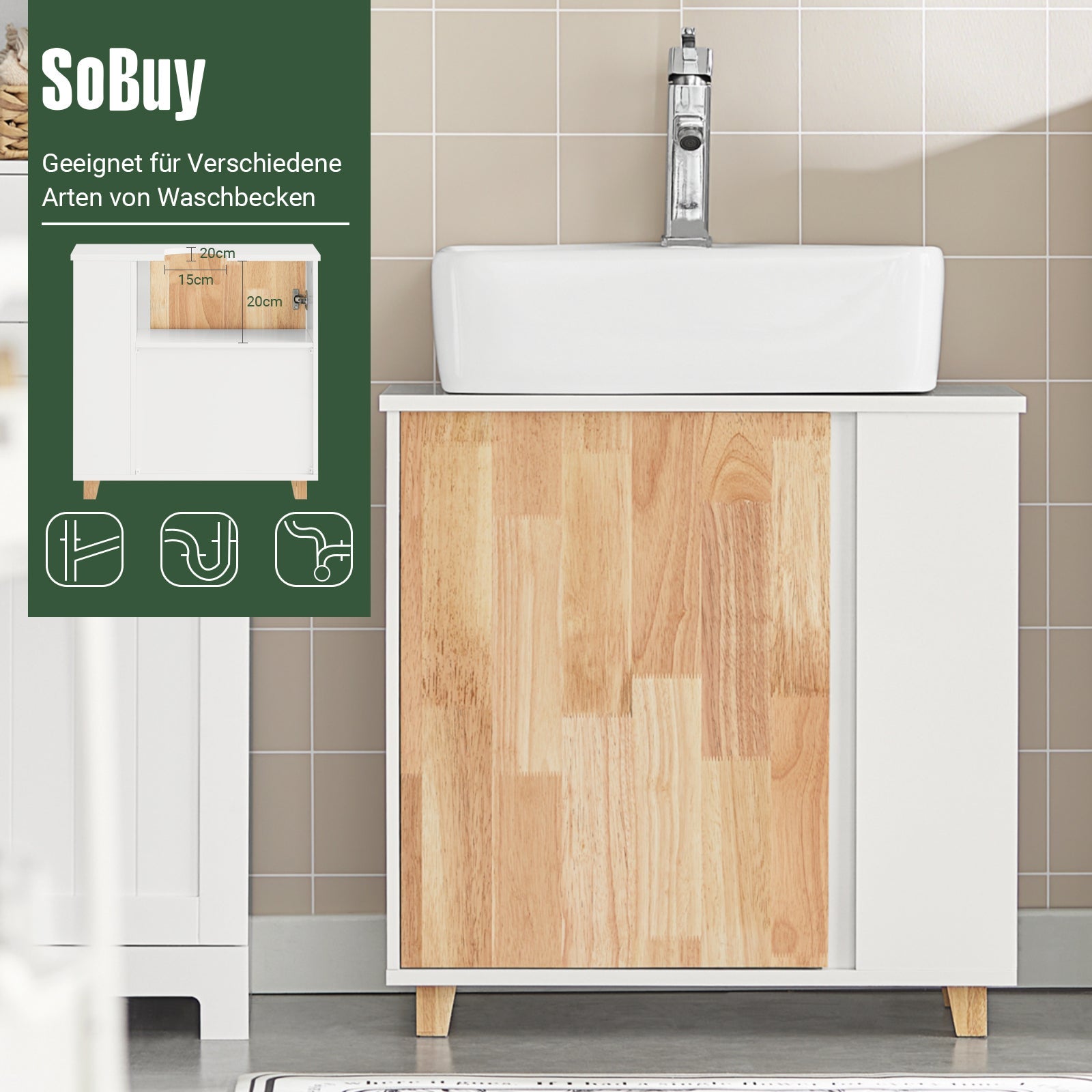 SoBuy | Waschbeckenunterschrank | Waschtisch | Badschrank Weiß-Natur | BZR75-W