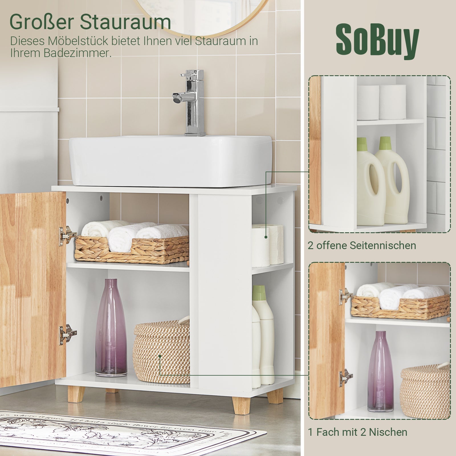 SoBuy | Waschbeckenunterschrank | Waschtisch | Badschrank Weiß-Natur | BZR75-W