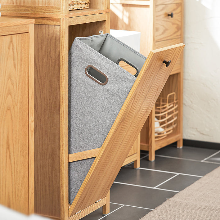 SoBuy | Armoire de salle de bain étroite avec sac à linge | Armoire haute | Étagère de salle de bain | Naturel | BZR95-N