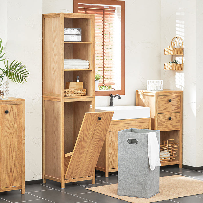 SoBuy | Mobile bagno stretto con sacco portabiancheria | Colonna bagno | Scaffale bagno | Naturale | BZR95-N