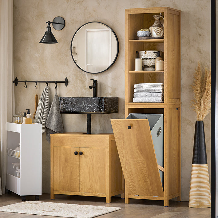 SoBuy | Armoire de salle de bain avec sac à linge | Armoire haute | Étagère de salle de bain | Placard à linge | Naturel foncé | BZR95-SN