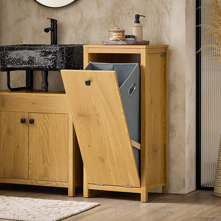 SoBuy | Armoire à linge avec panier à linge | Panier à linge | Meuble de salle de bain | Sac à linge | Naturel foncé | BZR96-SN