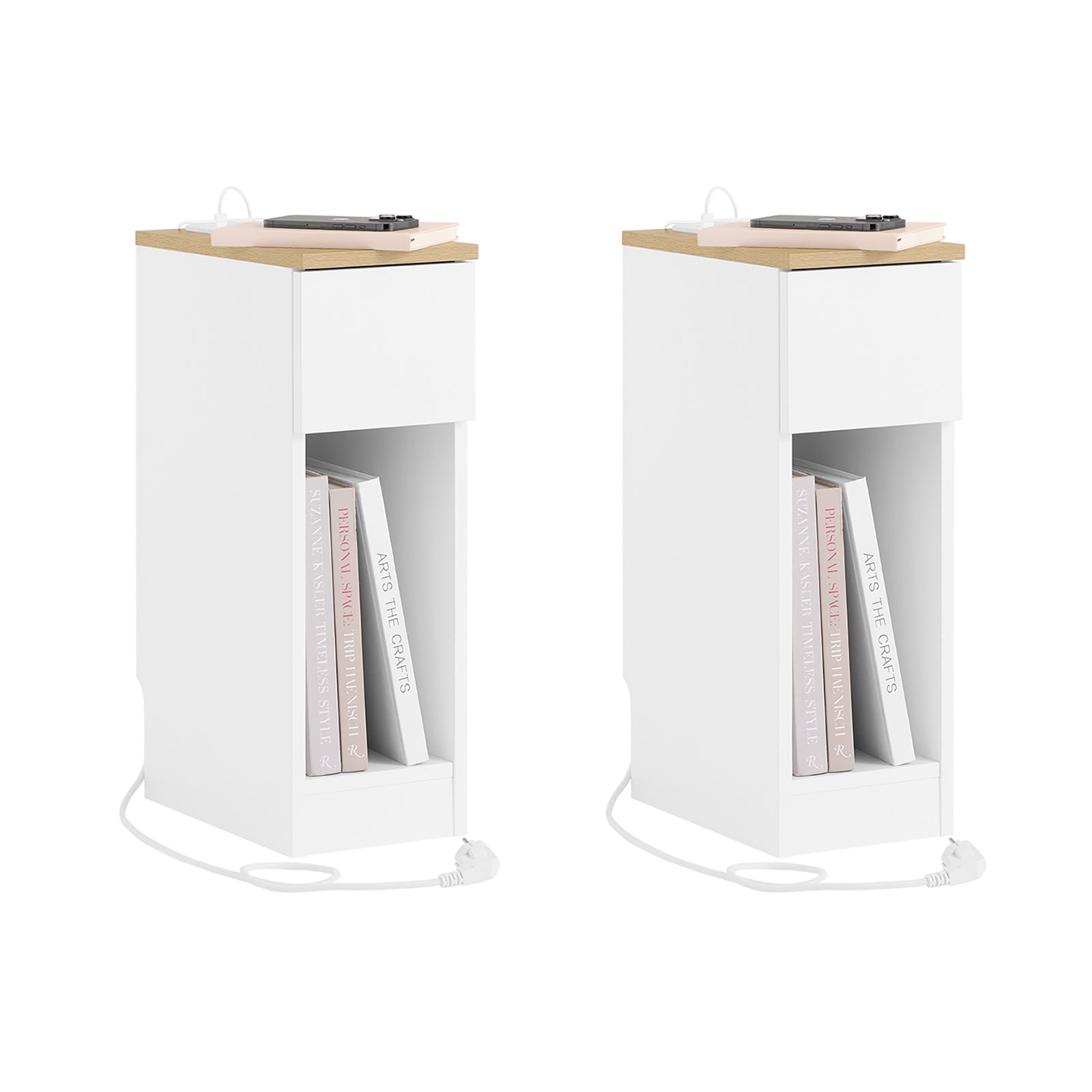 SoBuy | 2er Set Nachttisch schmal mit Ladestation | Weiß-Natur | 20x60x35cm | FBT111-E-WNx2