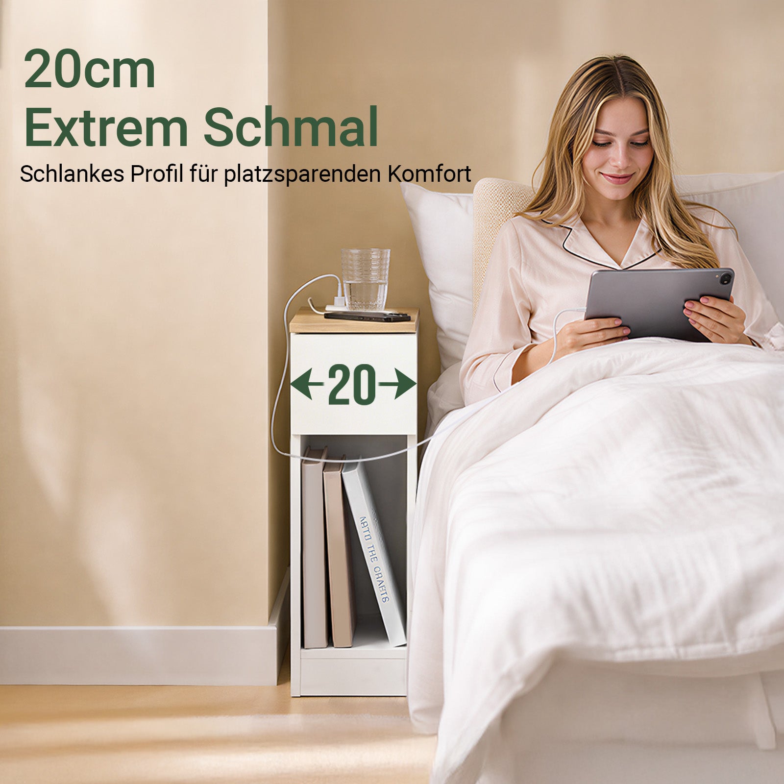 SoBuy | Nachttisch schmal | mit Mehrfachsteckdosen | Weiß-Natur | 20x60x35cm | FBT111-E-WN