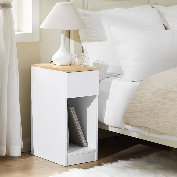 SoBuy Table de Chevet Étroite | Table d'Appoint avec Tiroir | Blanc-Naturel FBT111-II-WN