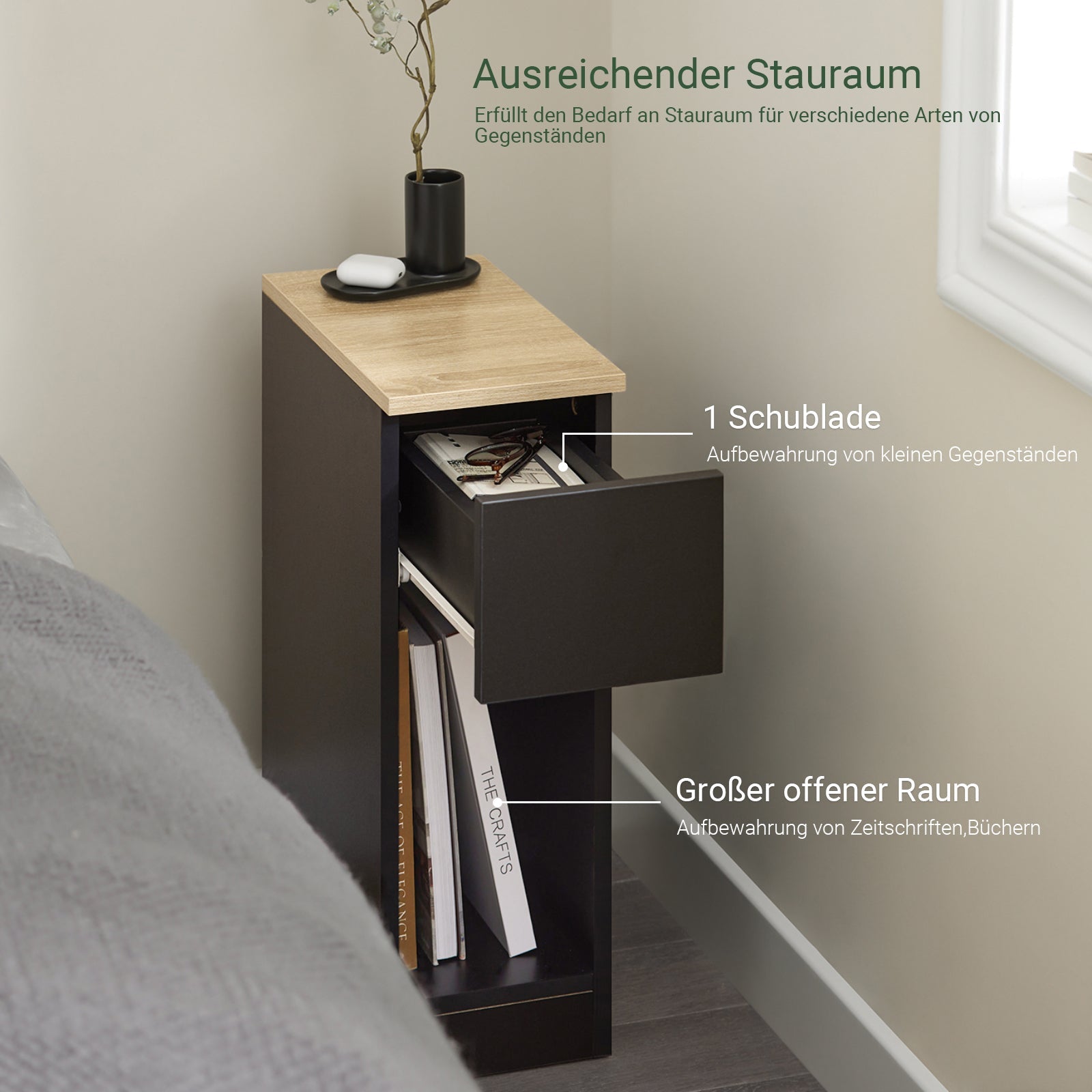 SoBuy Comodino Stretto Tavolino da Salotto con Cassetto Nero 20x60x35cm FBT111-SCH