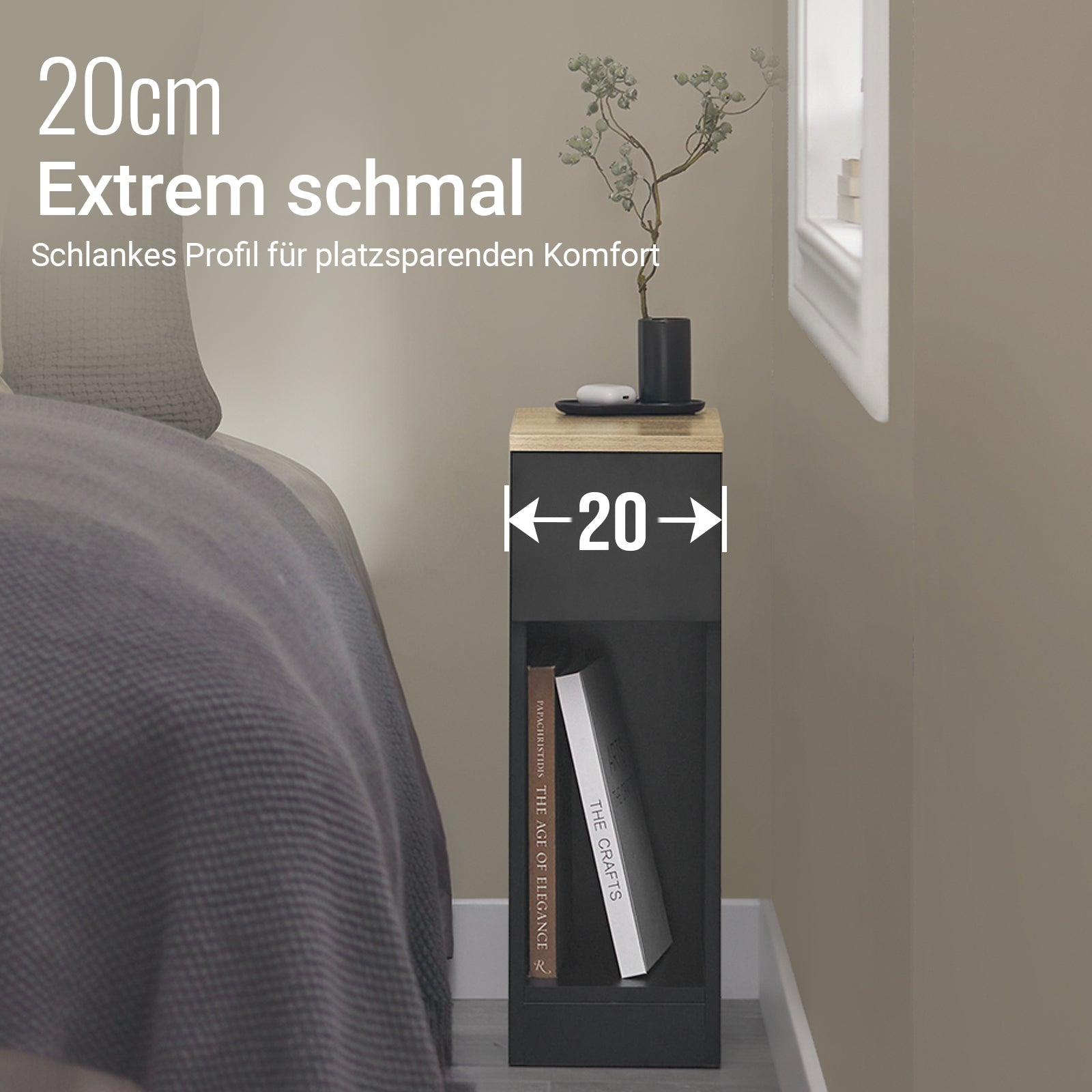 SoBuy Comodino Stretto Tavolino da Salotto con Cassetto Nero 20x60x35cm FBT111-SCH
