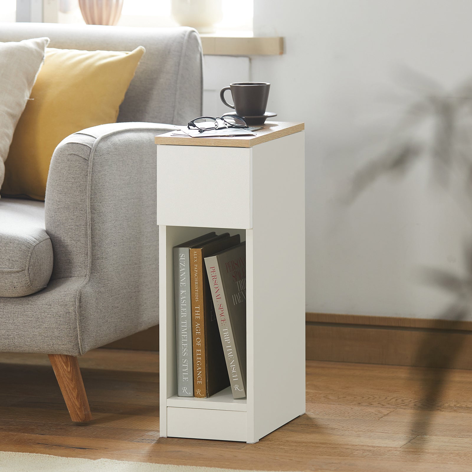 SoBuy Nachttisch schmal Beistelltisch mit Schublade Weiß 20x60x35cm FBT111-WN