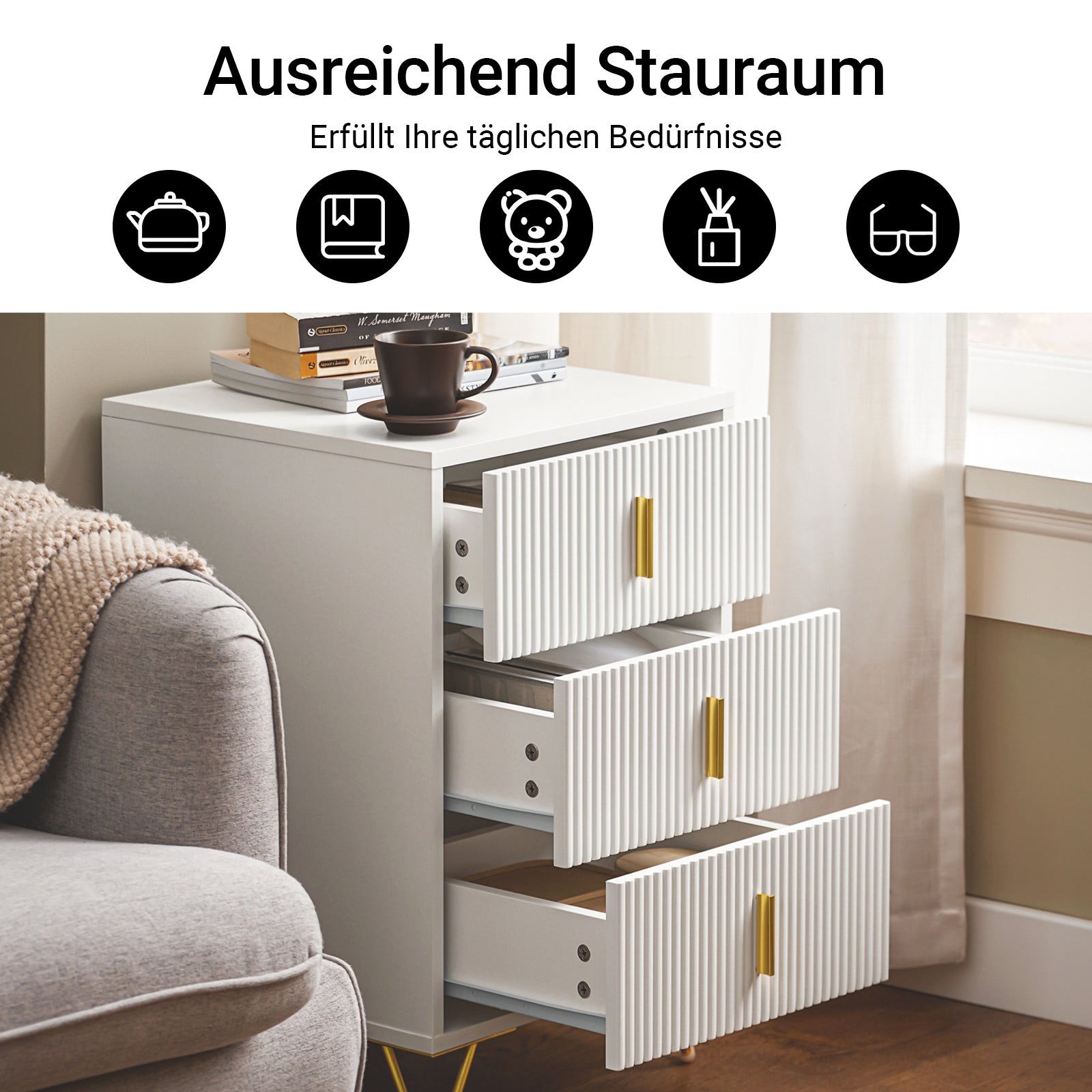 SoBuy | Nachttisch mit 3 Schubladen | Sofatisch | Beistelltisch | Weiß | FBT115-L-W