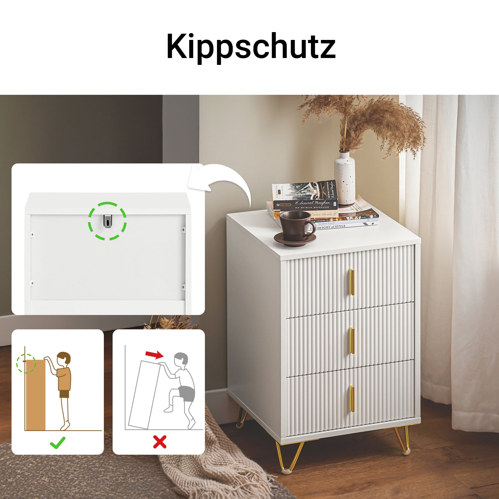SoBuy | Nachttisch mit 3 Schubladen | Sofatisch | Beistelltisch | Weiß | FBT115-L-W