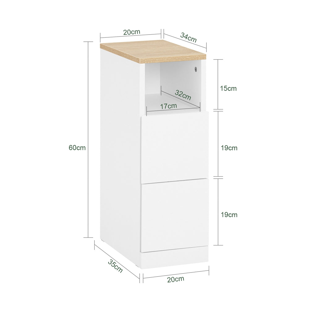 SoBuy Nachttisch schmal Beistelltisch mit 2 Schubladen und Ablage Weiß 20x35x60 cm FBT149-WN