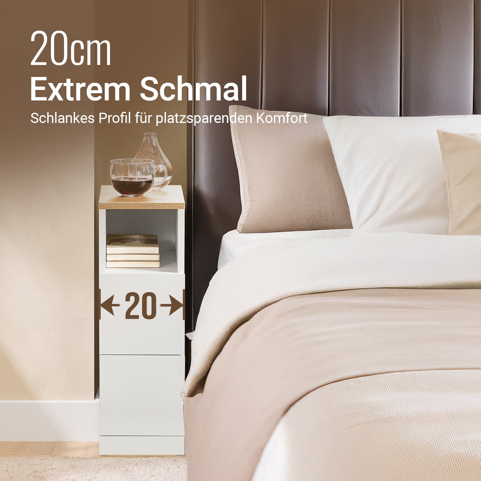 SoBuy Nachttisch schmal Beistelltisch mit 2 Schubladen und Ablage Weiß 20x35x60 cm FBT149-WN