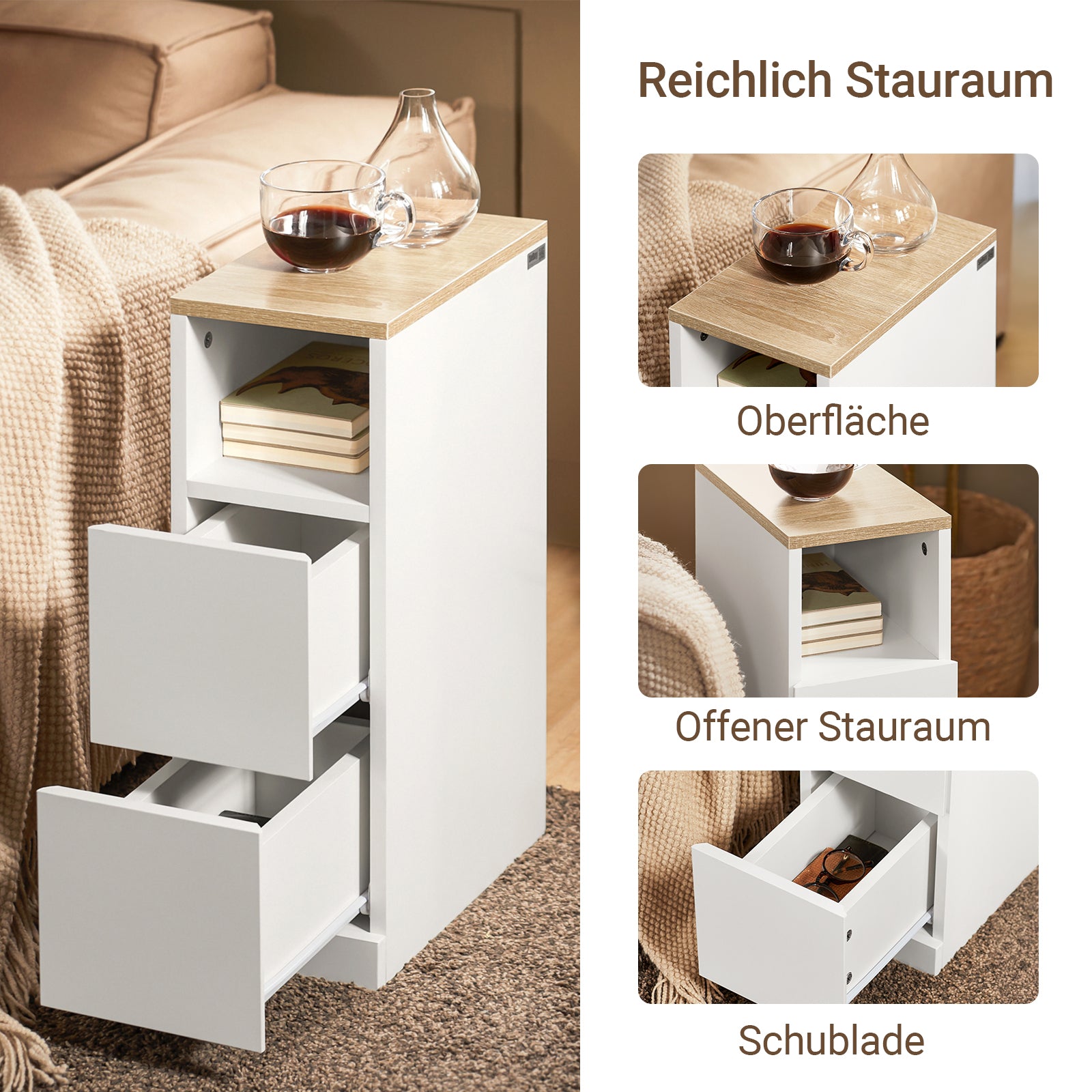 SoBuy Nachttisch schmal Beistelltisch mit 2 Schubladen und Ablage Weiß 20x35x60 cm FBT149-WN