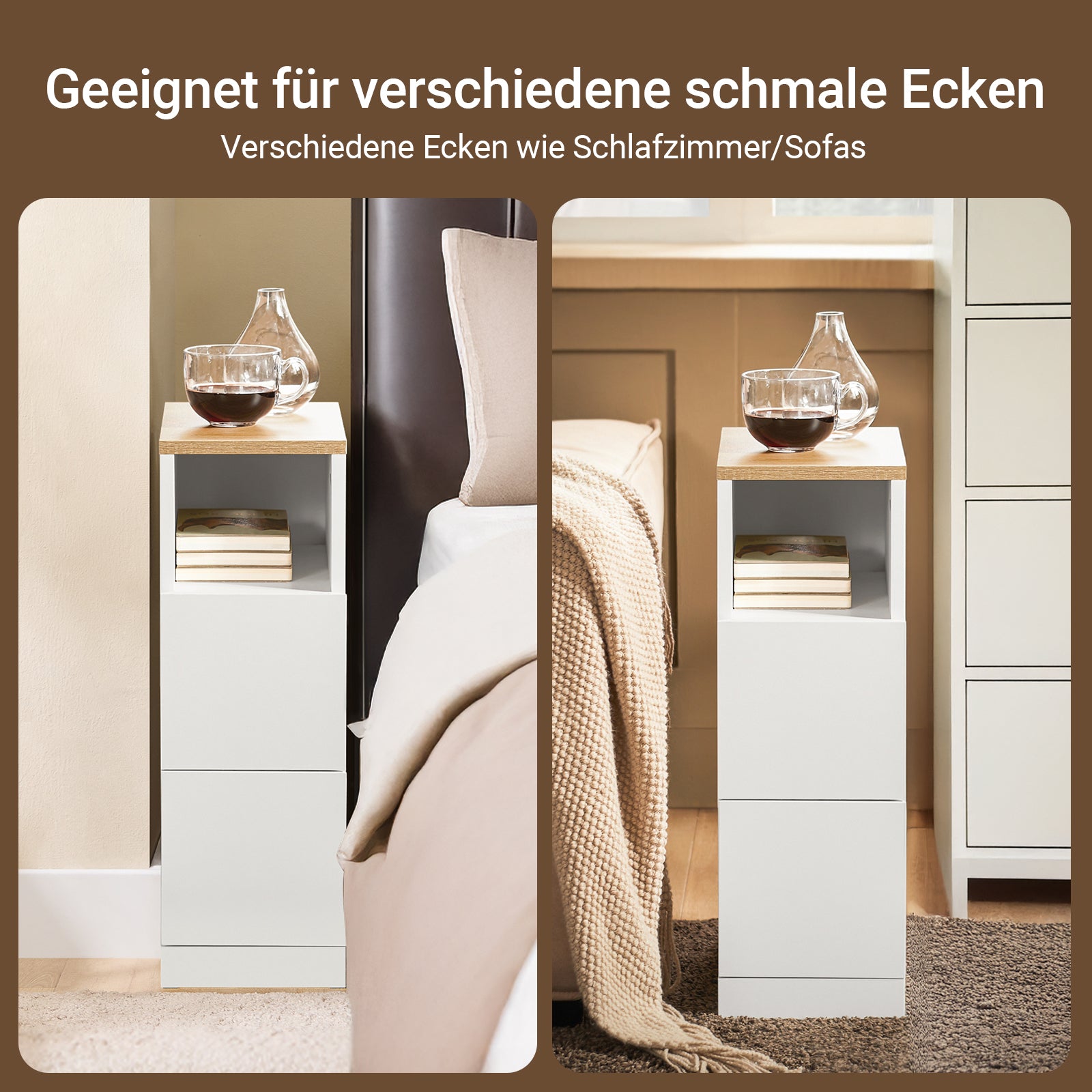 SoBuy | Nachttisch schmal 2er Set | Beistelltisch | mit 2 Schubladen Weiß | 20cm | FBT149-WNx2