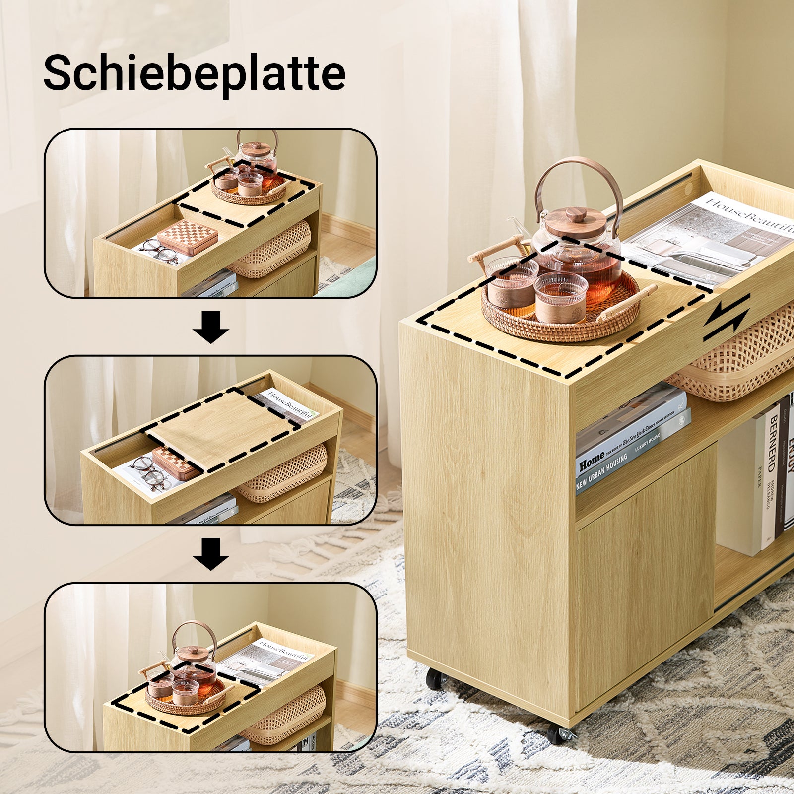 SoBuy | Beistelltisch mit Rollen | Nachttisch | Sofatisch | Teetisch | Natur | FBT152-N